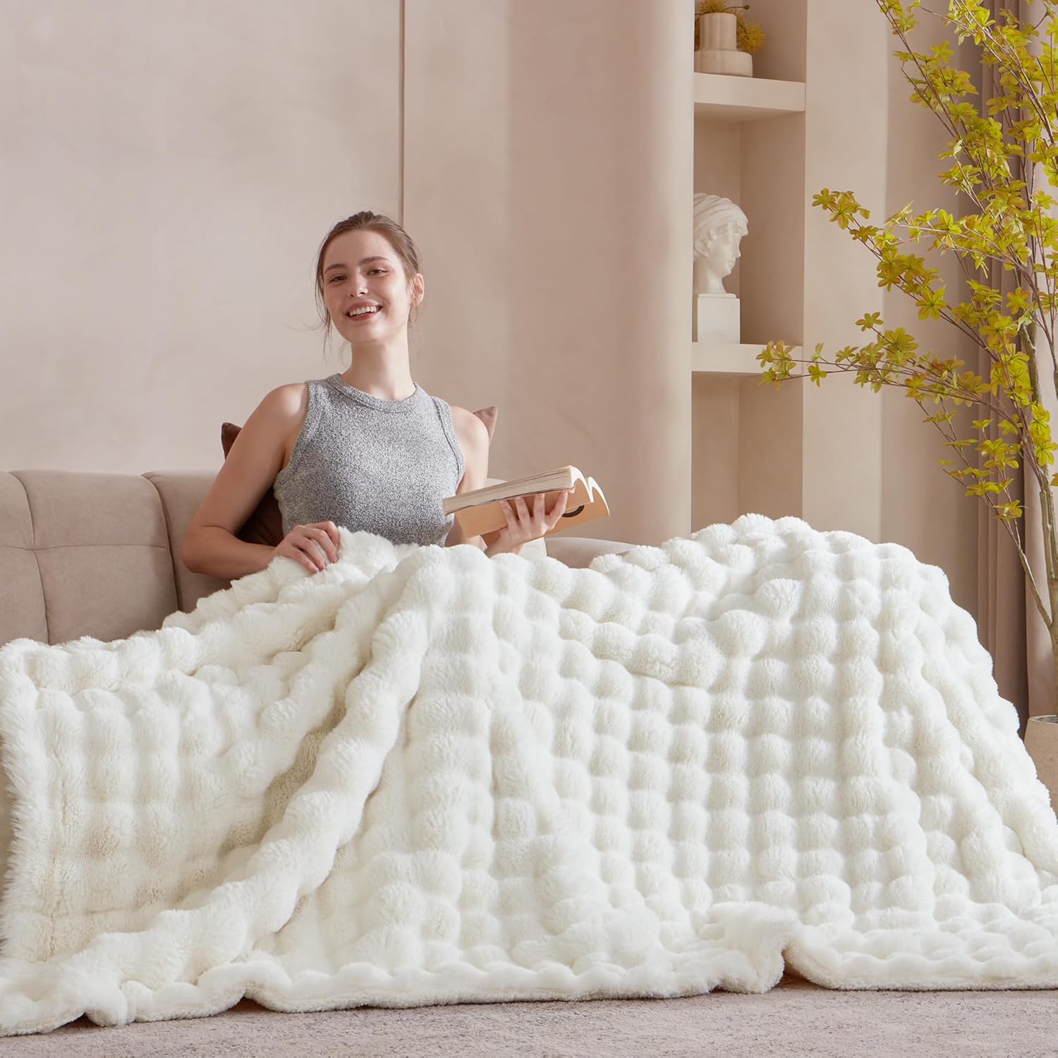 60x80 Inches Ultra-Soft Fuzzy Faux Fur Plush Twin Size Blanket - Thick, Warm Sherpa for Couch, Sofa, Bedroom, Camping - Decorative Blanket for Cozy Warmth, Bubble Ivory White - Image 4