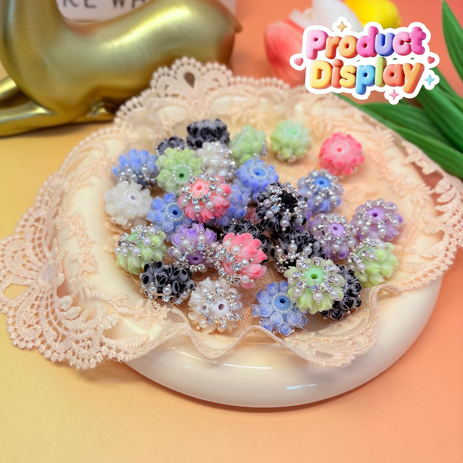 15pcs Rhinestone Focal Beads for Pens, Sparkling 3D Rose Flower Designs, Fancy Beads for DIY Jewelry Making Keychains Crafts Holiday Decorations (Flower 1 Focal Beads)