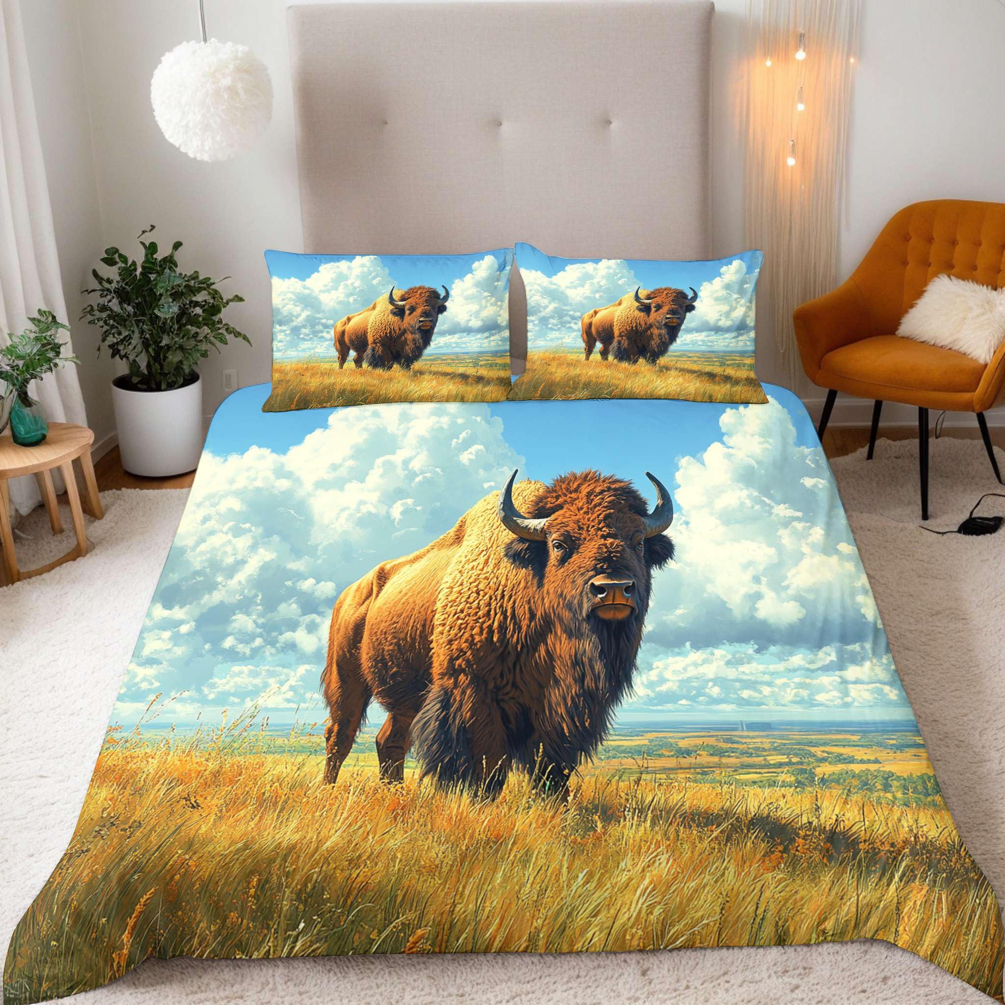 Super King Duvet Cover Set 3D Western Prairie Bison Print Bedding Set 3 Pcs Quilt Cover 260x220 cm Microfiber Soft Breathable Comforter Cover + 2 Pillowcases With zip corner Ties Bedroom Decor