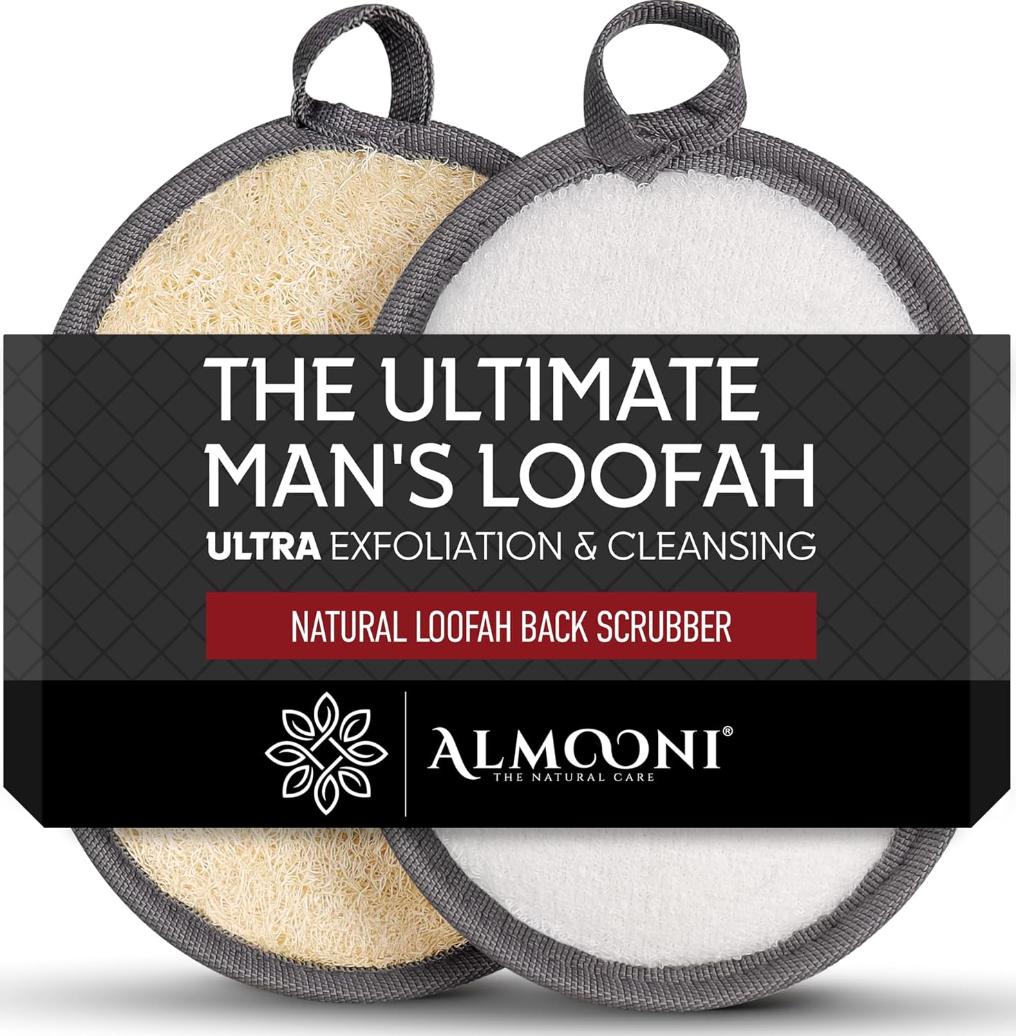 Almooni Natural Exfoliating Loofah for Men, Lightly Abrasive Egyptian Loofah Body Scrubber for Men, Dual-Sided with Cotton Back, Hand Strap, Black, 2-Count