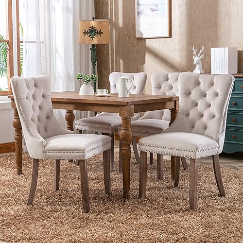 Miniatura 4 de Juego de 2 sillas de comedor de terciopelo beige, juego de 2, sillas de comedor copetudas, sillas de comedor tapizadas de terciopelo, marco de