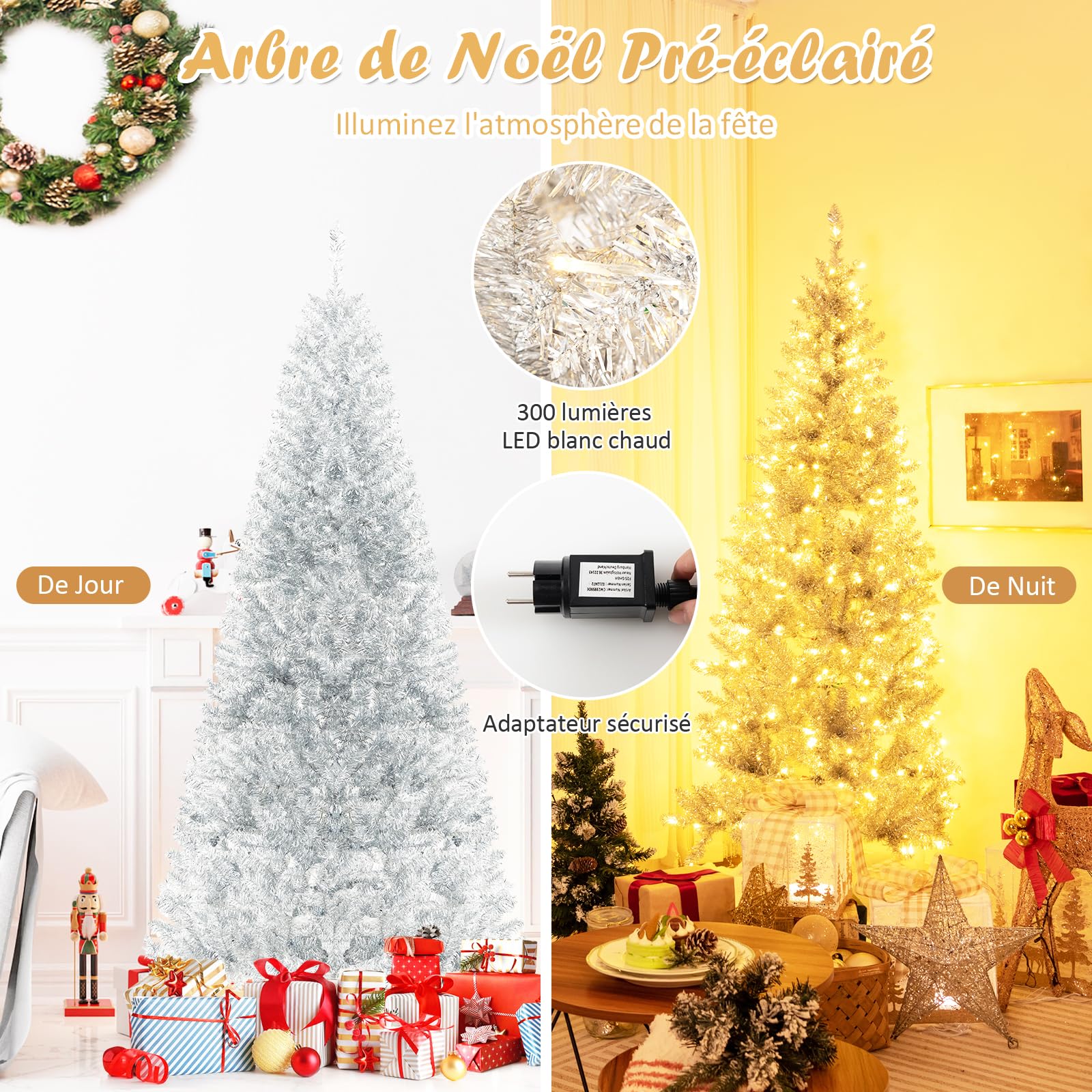 COSTWAY Sapin de Noël Artificiel Argenté Pré-éclairé de 180 cm, 790 Pointes de Branches, 300 Lumières LED Blanc Chaud, Support en Métal Pliable, Charnière, pour Bureau, Maison