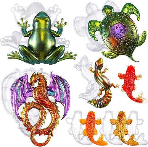 Meooeck Moldes de resina de silicona, 7 piezas de moldes de resina epoxi de animales, rana lagarto, koi, pez, dragón y tortuga, moldes de silicona