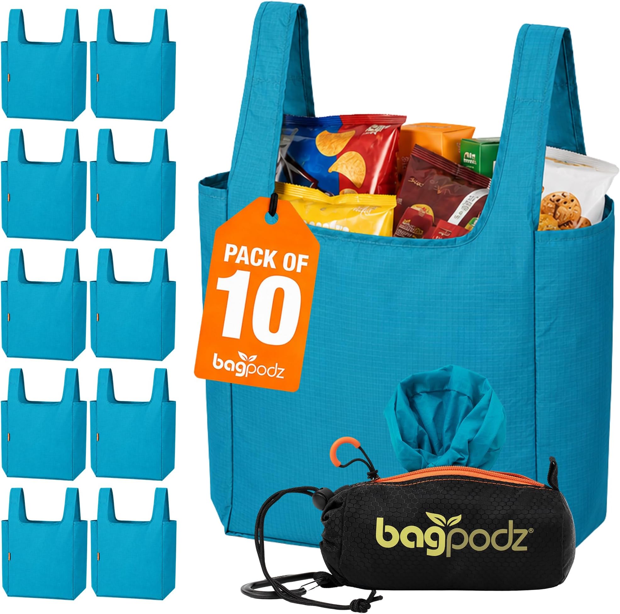 Reusable Grocery Bags, Made From Ripstop Nylon Hold 50lbs, Foldable Shopping Bags in Compact Pod with Carry Clip, 10 Pack in Blue