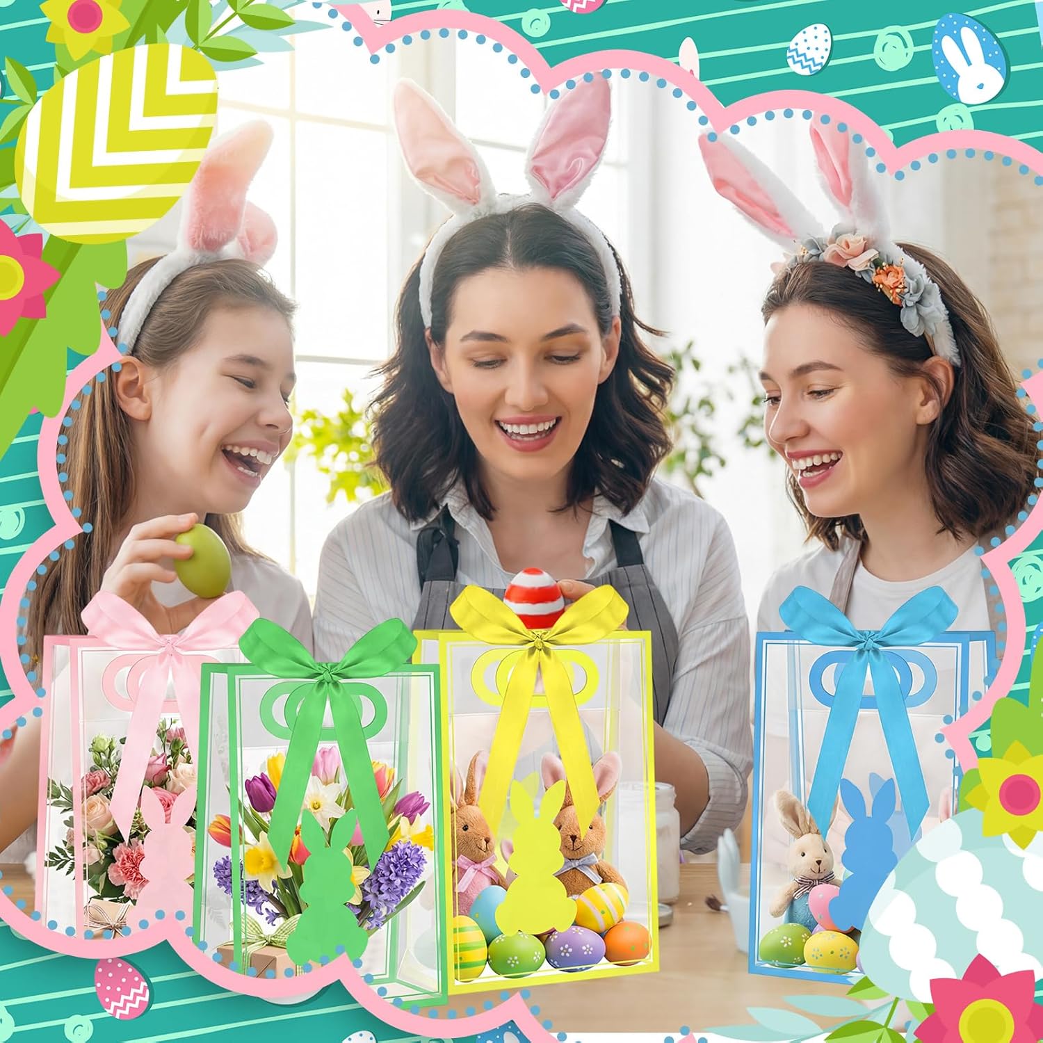Gilprop 24 Pcs Easter Clear Plastic Gift Bags with Handles Bunny Reusable Treat Tote Goodie Bags with Ribbons for Easter Spring Birthday Party Favors Supplies Snack Candy Treat 10.2 x 7.1 x 3.2 Inch - Image 2