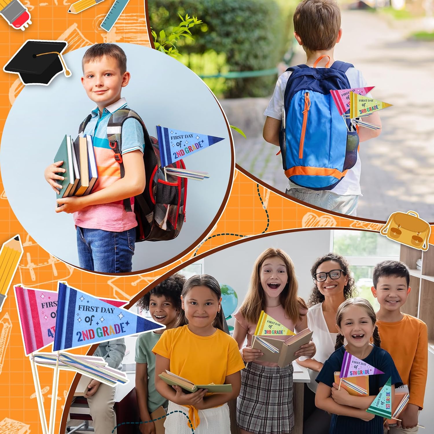 Breling 5 Pcs First Day of School Felt Pennant Flags, Primary