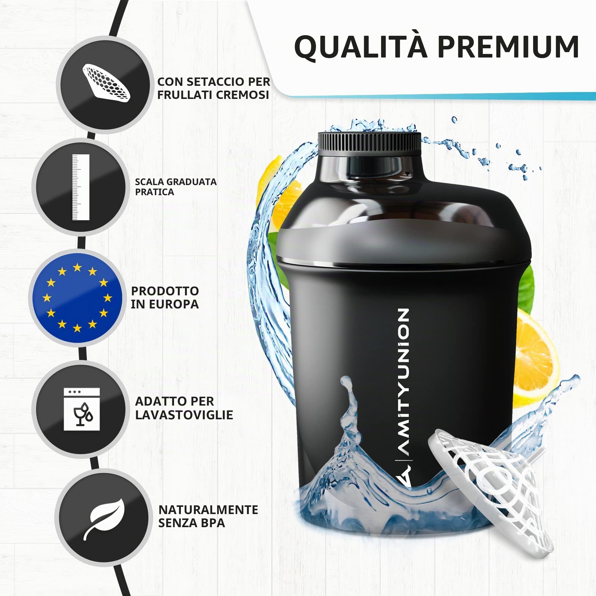 AMITYUNION Shaker proteico da 400 ml con colino per proteine – Piccolo shaker per proteine a prova di perdite, senza BPA, con scala per frullati di proteine del siero cremoso, concentrati di proteine
