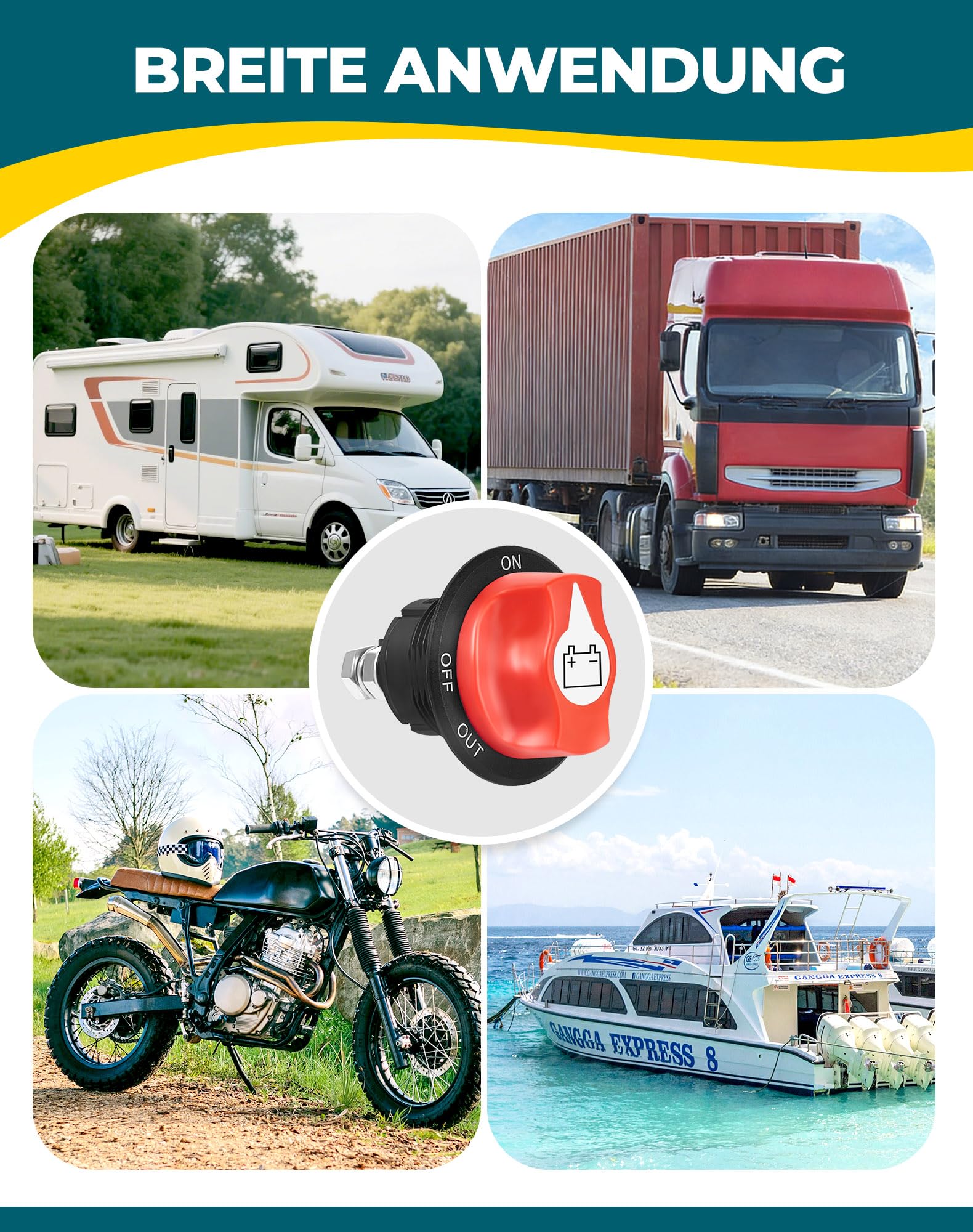 Wyłącznik akumulatora samochodowego 12 V – 24 V, 100 A, z wodoszczelną obudową, jako główny wyłącznik do montażu w samochodach, motocyklach, jednostkach pływających i ciężarówkach
