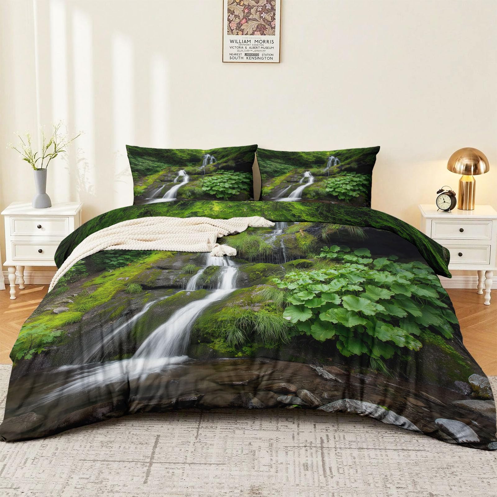 Biancheria da letto con cascata, fiume, piante tropicali, muschio, 180 x 200 cm, copripiumino fotografico verde, copripiumino reversibile in microfibra di alta qualità, per persone allergiche, con