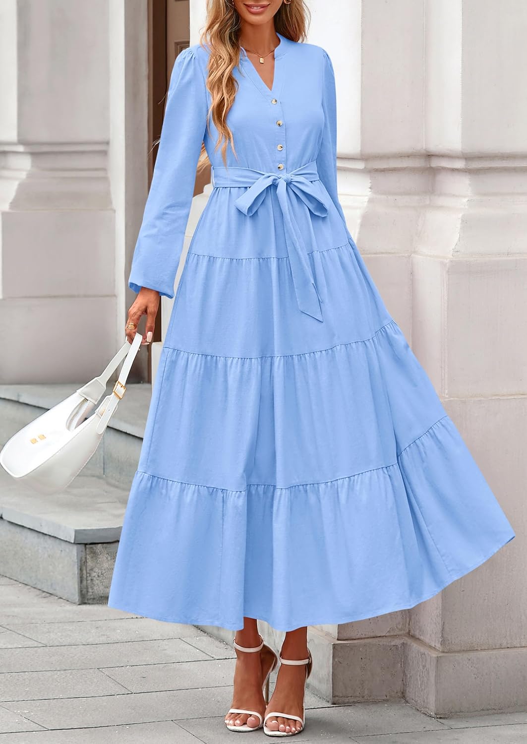 PRETTYGARDEN Maxi Dresses for Women Spring Long Sleeve V Neck Belted A Line Flowy Boho Wedding Guest Dress Pockets - Image 4