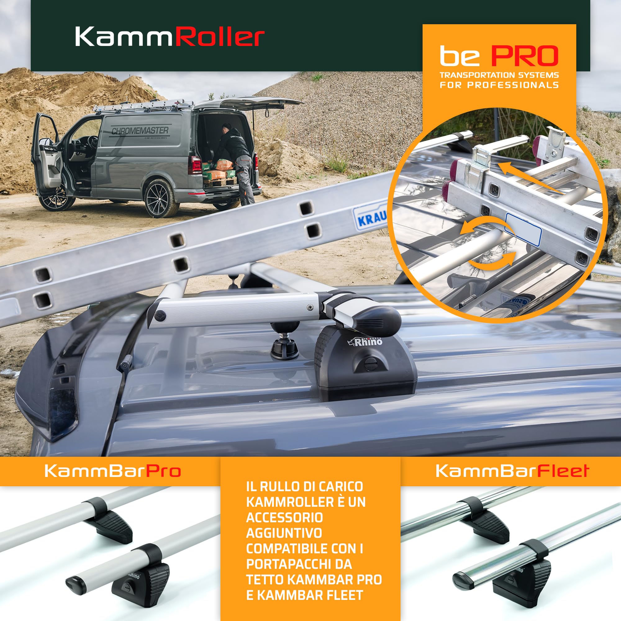 Rhino KammRoller | Compatibile con Mercedes Sprinter 2018+ L2H1 | Rullo di Carico per Portapacchi da Tetto; Rullo di Assistenza al Carico per Supporti KammBar; Sistema di Carico per Portapacchi