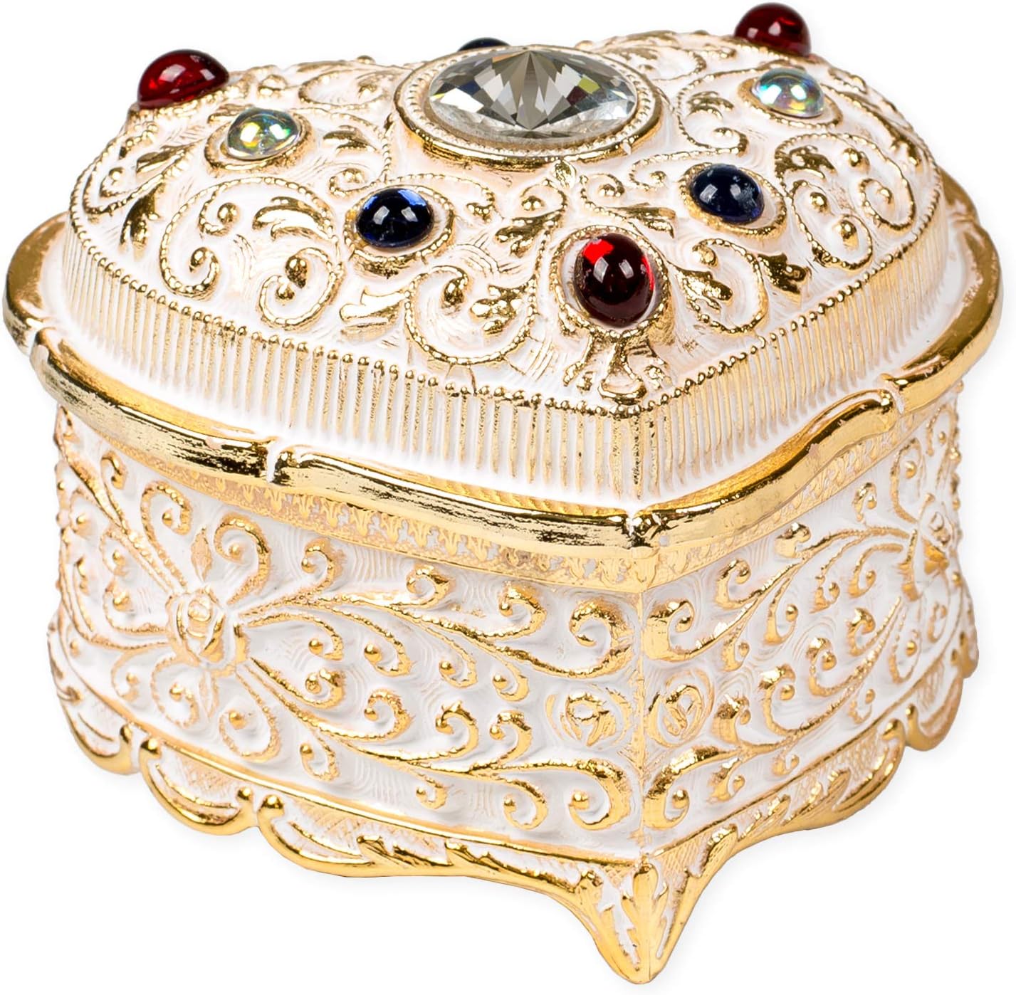 Heart Shaped Swarovski Crystal White and Gold Foil Metal Music Box Plays Tune My Heart Will Go On