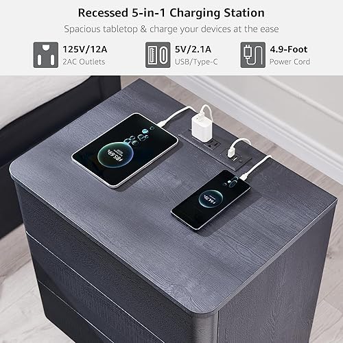 Miniatura 4 de JXQTLINGMU Mesita de noche moderna de 22 pulgadas con estación de carga, mesa auxiliar grande de empujar para abrir, mesita de noche de madera con