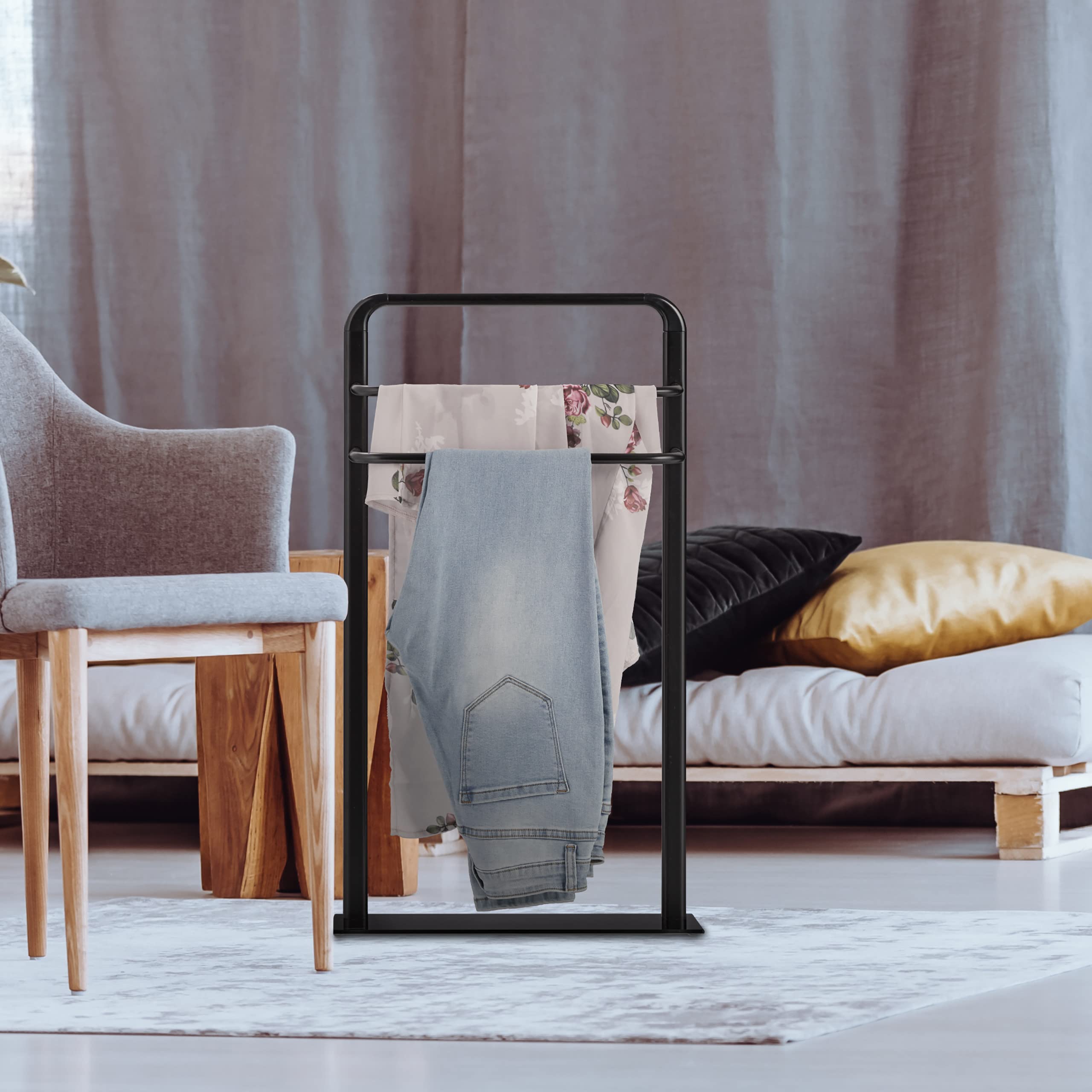Relaxdays Handtuchständer, 3 Stangen, HBT: 79 x 45 x 20 cm, Badezimmer, Handtuchhalter stehend, Stahl & Glas, schwarz