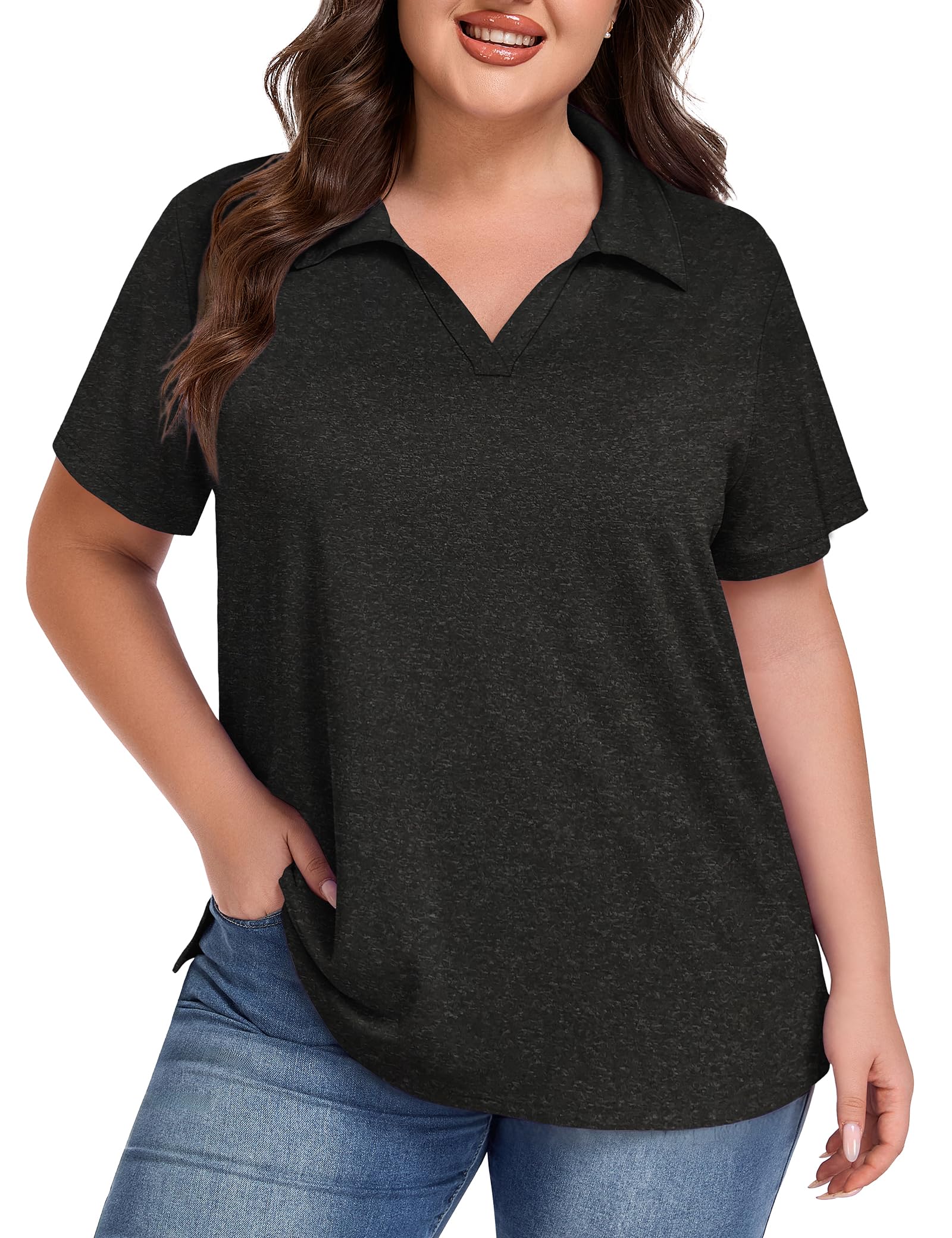 FOREYOND Plus Size Short Sleeve Polo for Women Golf Shirts Moisture Wicking Shirts Athletic Workout Tops 1XL-5XL