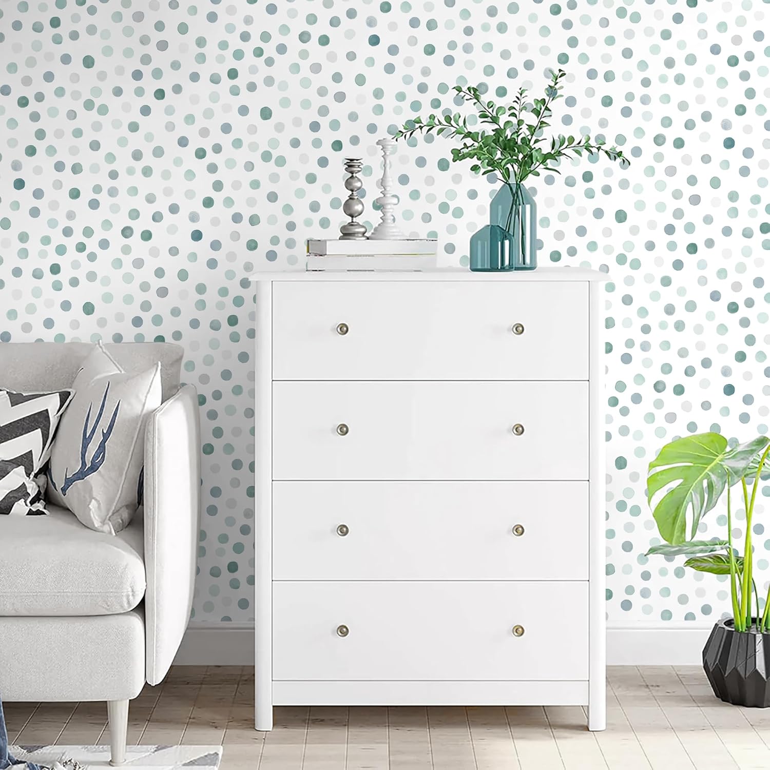 Dimoon 17.3''x78.7'' Peel and Stick Wallpaper Blue Green Boho Contact Paper Modern Polka Dot White Wallpaper Removable Self Adhesive Wall Paper Renter Friendly Bathroom Kitchen Vinyl Roll