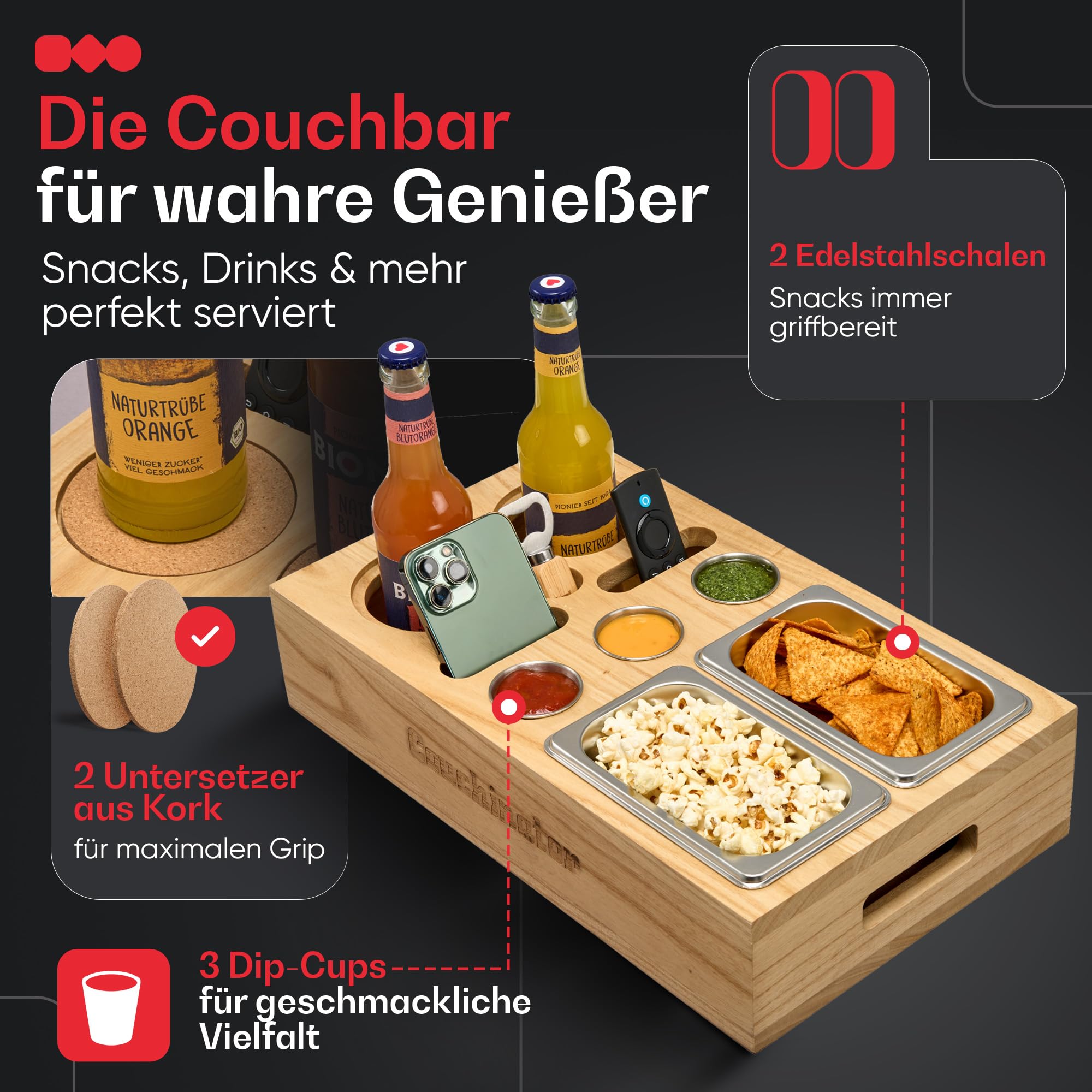 Premium Couchbar – Legno di Kiri, 3 colori, 2 ciotole per snack, 2 sottobicchieri, 1 apribottiglie, organizer per snack – Divano Butler vassoio da portata (legno con scritta)