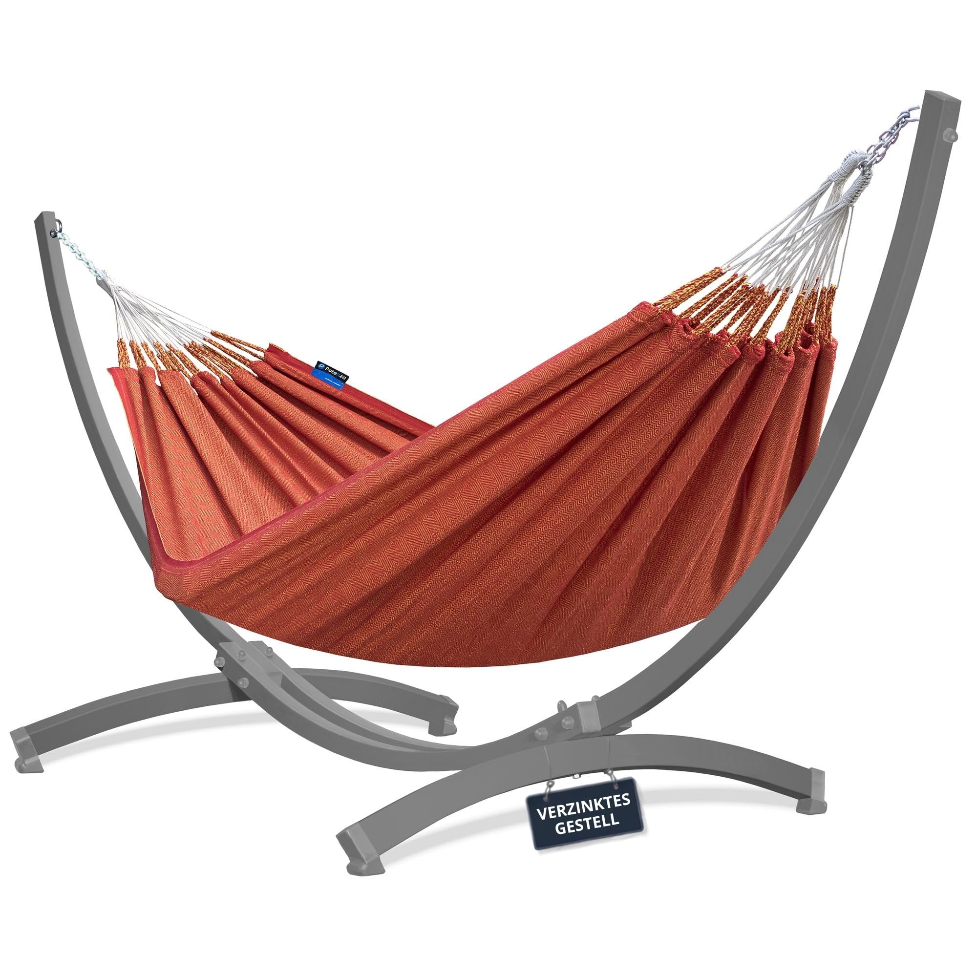 Potenza Amaca da Giardino con Supporto in Acciaio ZINCATO A CALDO – Amaca Doppia 230x160 cm, 220 kg in Cotone con Tytan Struttura lunga 370 cm, Portata 350 kg, con Telaio Resistente alle Intemperie