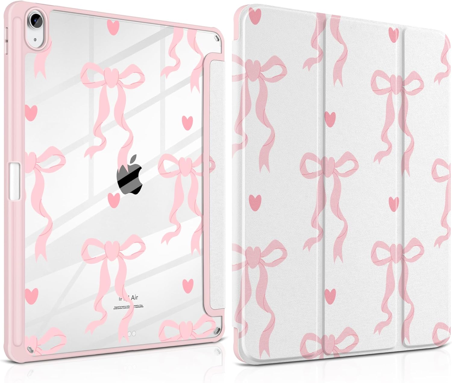 MEEgoodo Case for iPad Air 13 inch 2026(M4) / 2025(M3) / 2024(M2), Tablet Cases with Transparent Acrylic Back Shell, Cover with Pencil Holder + Auto Wake/Sleep + Trifold Stand, Trendy Bow & Hearts