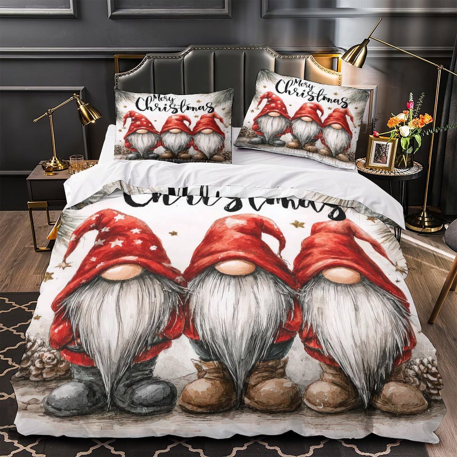 Linge de lit gnomes de Noël 135x200cm avec housse de couette imprimée et zippée