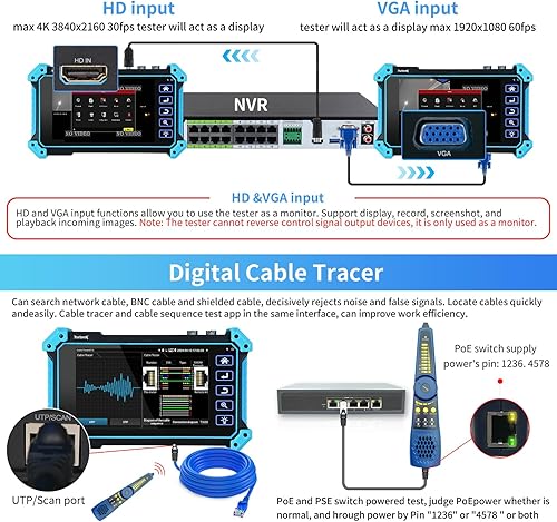 Miniatura 6 de Rsrteng Probador de cámara IP con trazador de cables, IPC-5200C Plus 8MP AHD CVI TVI SDI CVBS Prueba de cámara IP 4K HD Monitor de video 5 pulgadas
