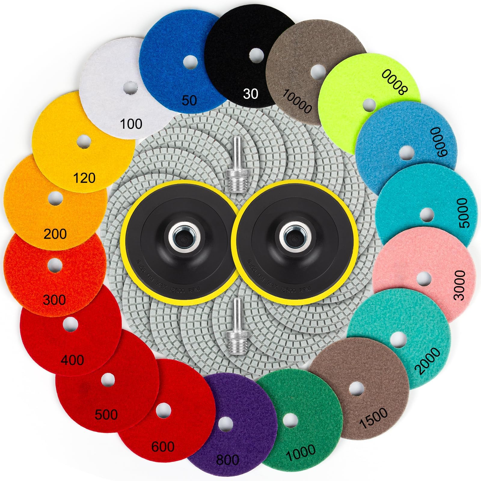 18 Pack 4 inch Diamond Polishing Pads Set Wet/Dry Polishing Kit 18pcs 30#-10000# Grit Pads with 2pcs Hook and Loop Backer Pads for Granite Stone Concrete Marble Floor Grinder or Polisher