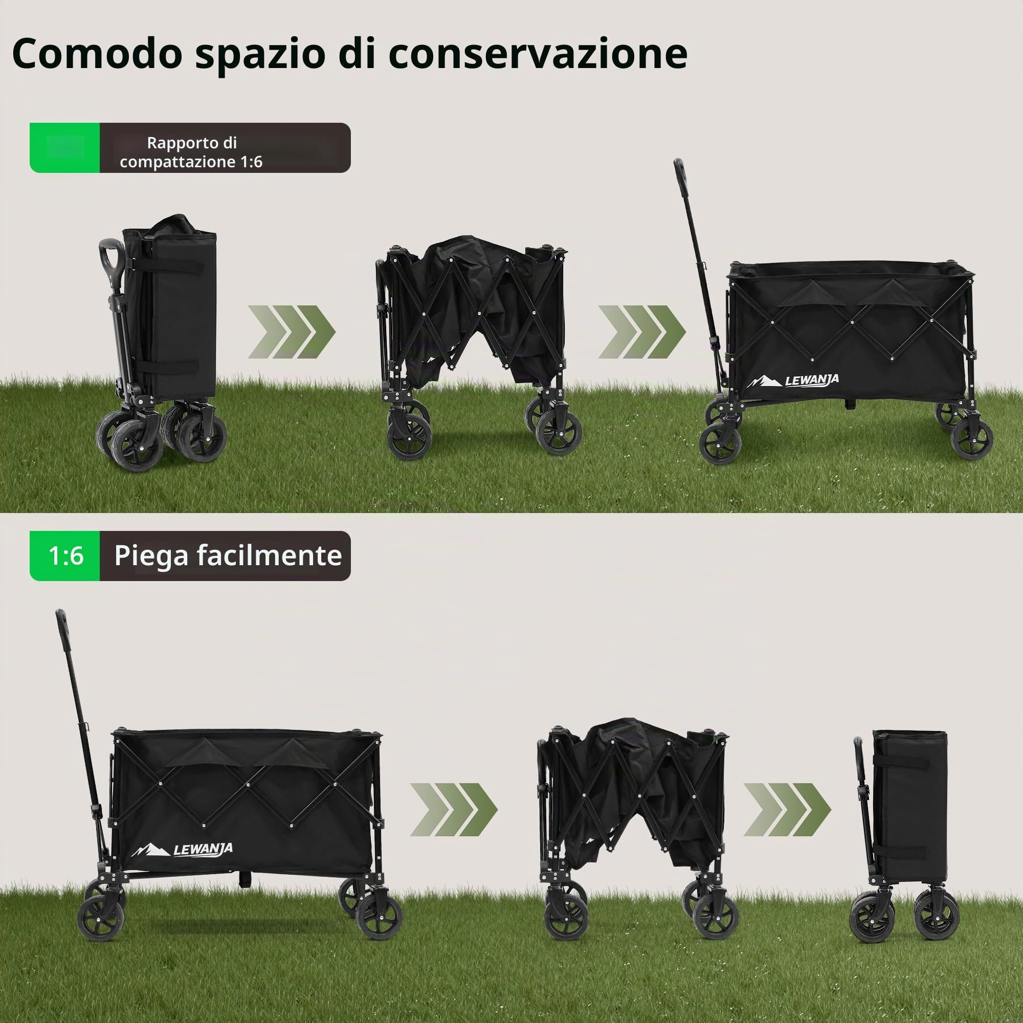 LEWANJA Carrello da Giardino Pieghevole Robusto, Carretto a Mano per Campeggio, Spiaggia, Festival e Spesa, Carrello da Trasporto con Maniglia Regolabile - Capacità 140L e Carico 130kg