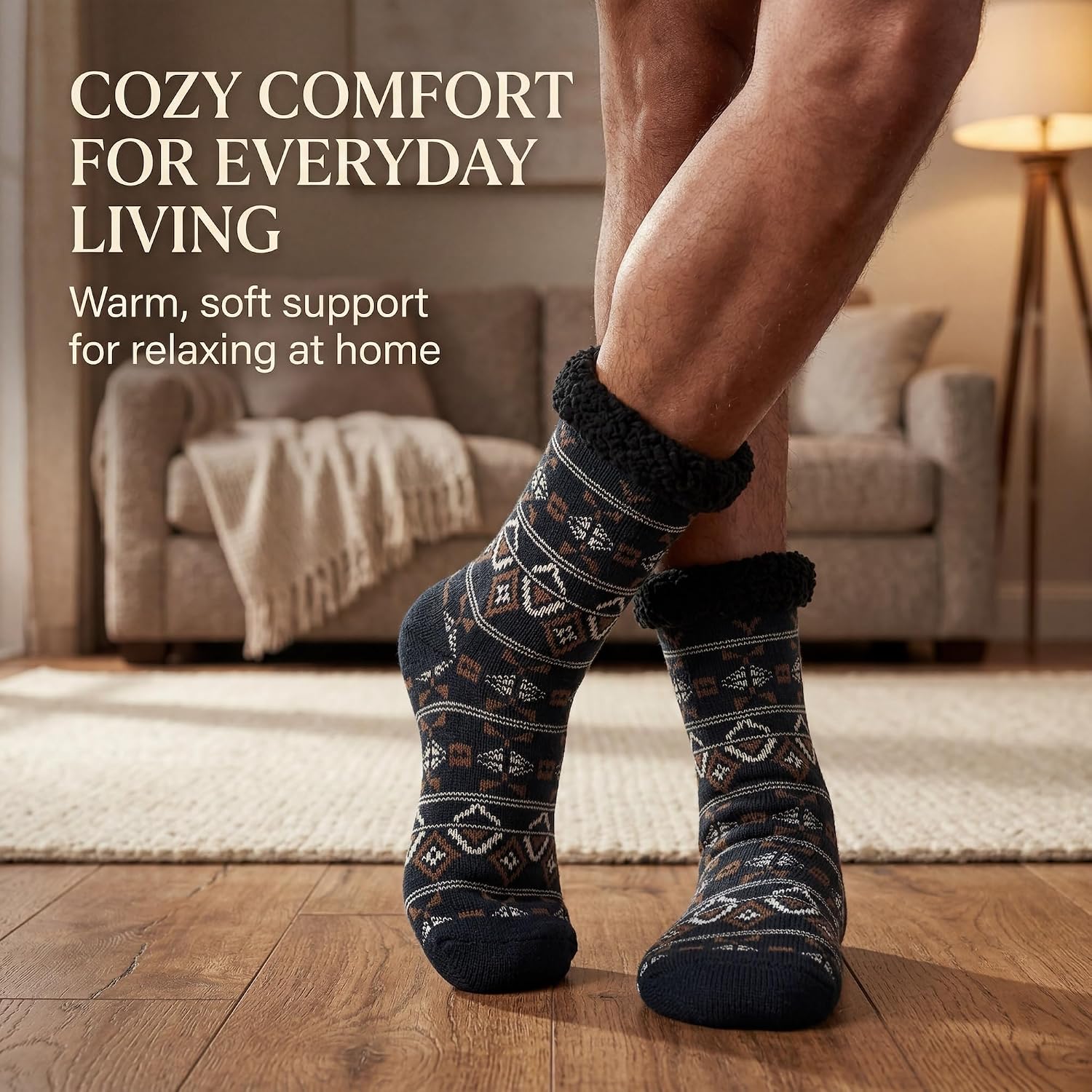 cosyone1997 Mens Fuzzy Slipper Socks with Grips Warm Sherpa Lined Winter Socks