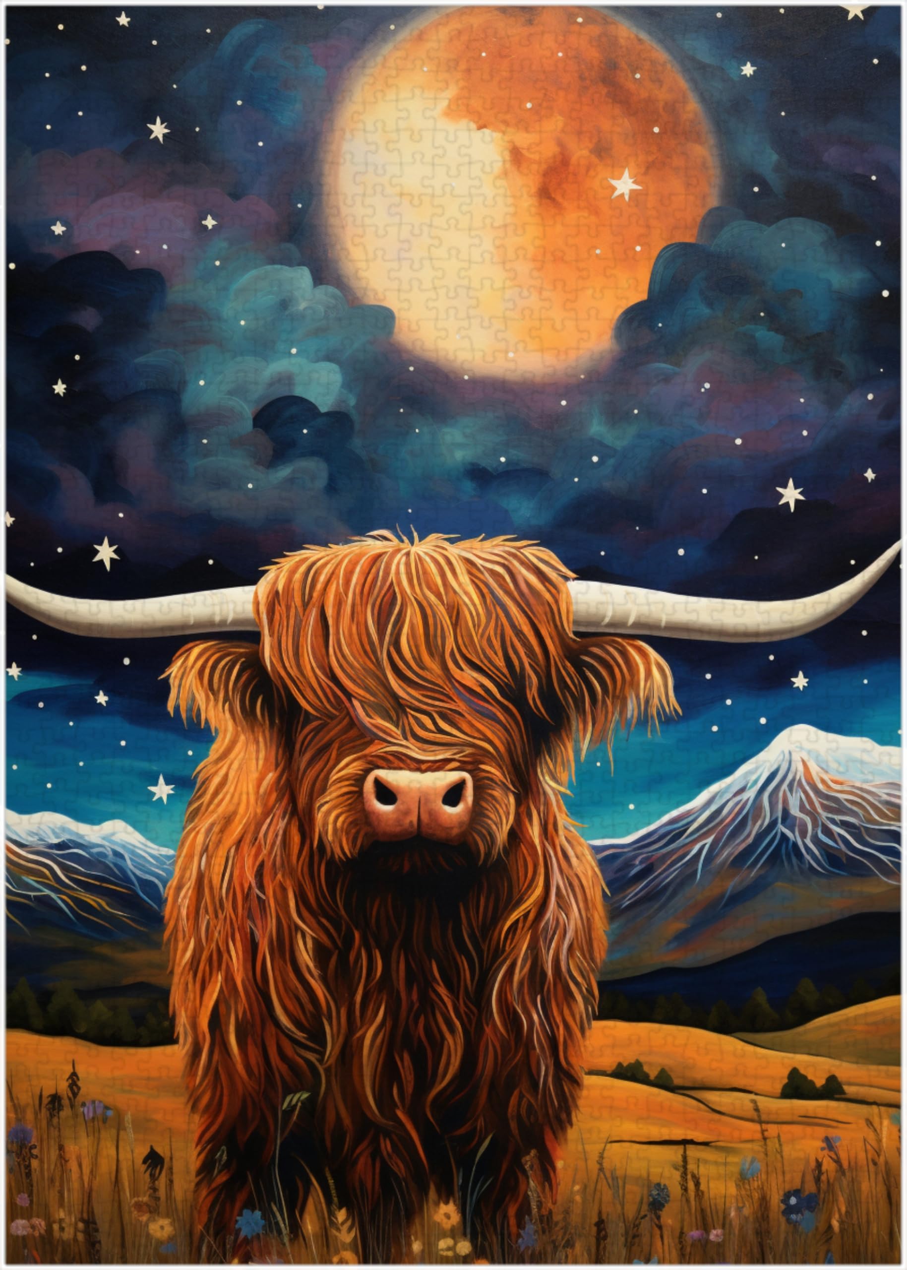 Starry Night Highland Cow Jigsaw Puzzle 1000 Pieces for Adults - Swirling Sky Puzzle Gift for Highland Cow Lovers - 1000pc Van Gogh Style Puzzles (50x70cm / 19.685"x27.559")