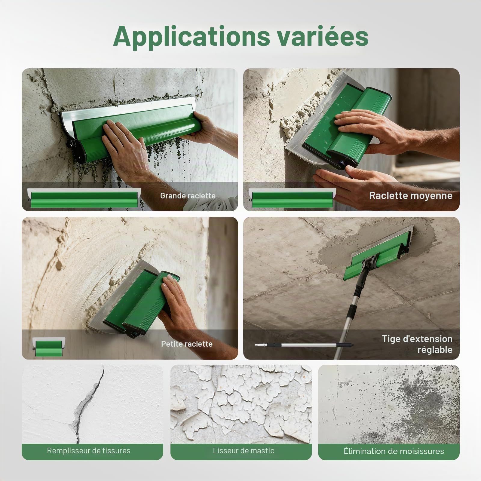 Kit de Spatule Enduit, Lames de mastic 25 cm, 40 cm et 60 cm, Mango de extensión de 76 cm a 160 cm, Spatule de Lissage en Acier Inoxydable, Outils de Cloison Sèche Grandes Surfaces
