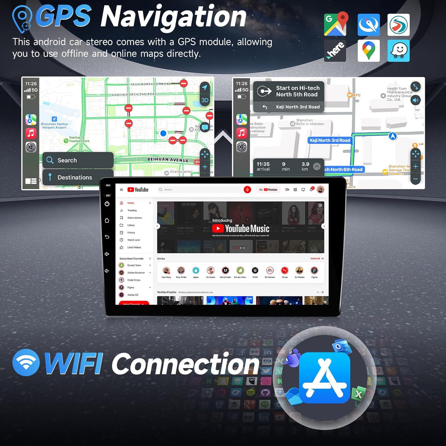 Car radio display showing GPS navigation maps and YouTube video playback, with a WiFi connection icon.