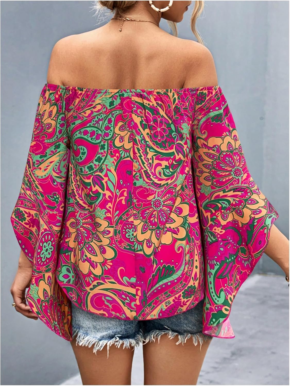 Women's Y2K Floral Off Shoulder Blouse Boho Shirt Ruffle Half Bell Sleeve Blouses Shirred Vacation Beach Shirt - Image 2