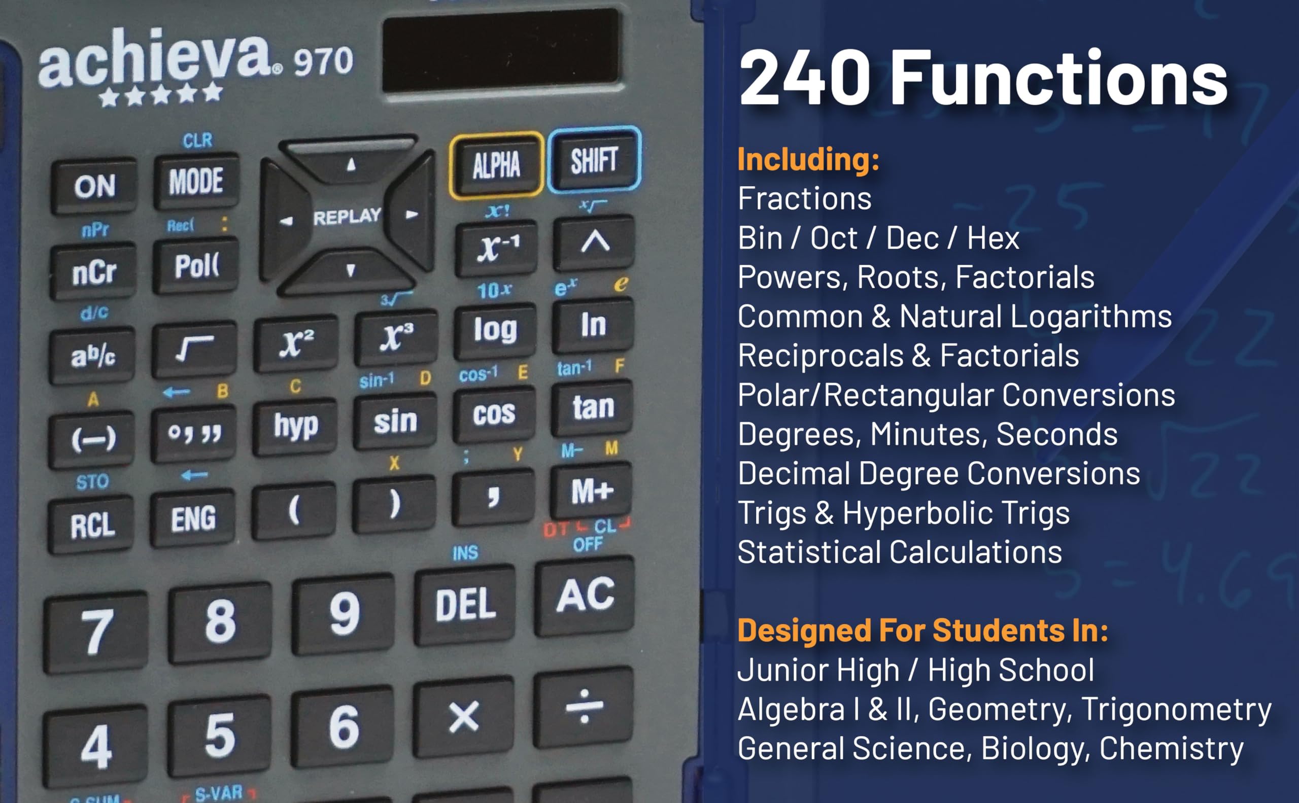 Achieva Calculadora científica con tableta de escritura LCD borrable | Pantalla de 2 líneas | Doble energía solar y batería | para estudiantes de secundaria, escuela secundaria (970)