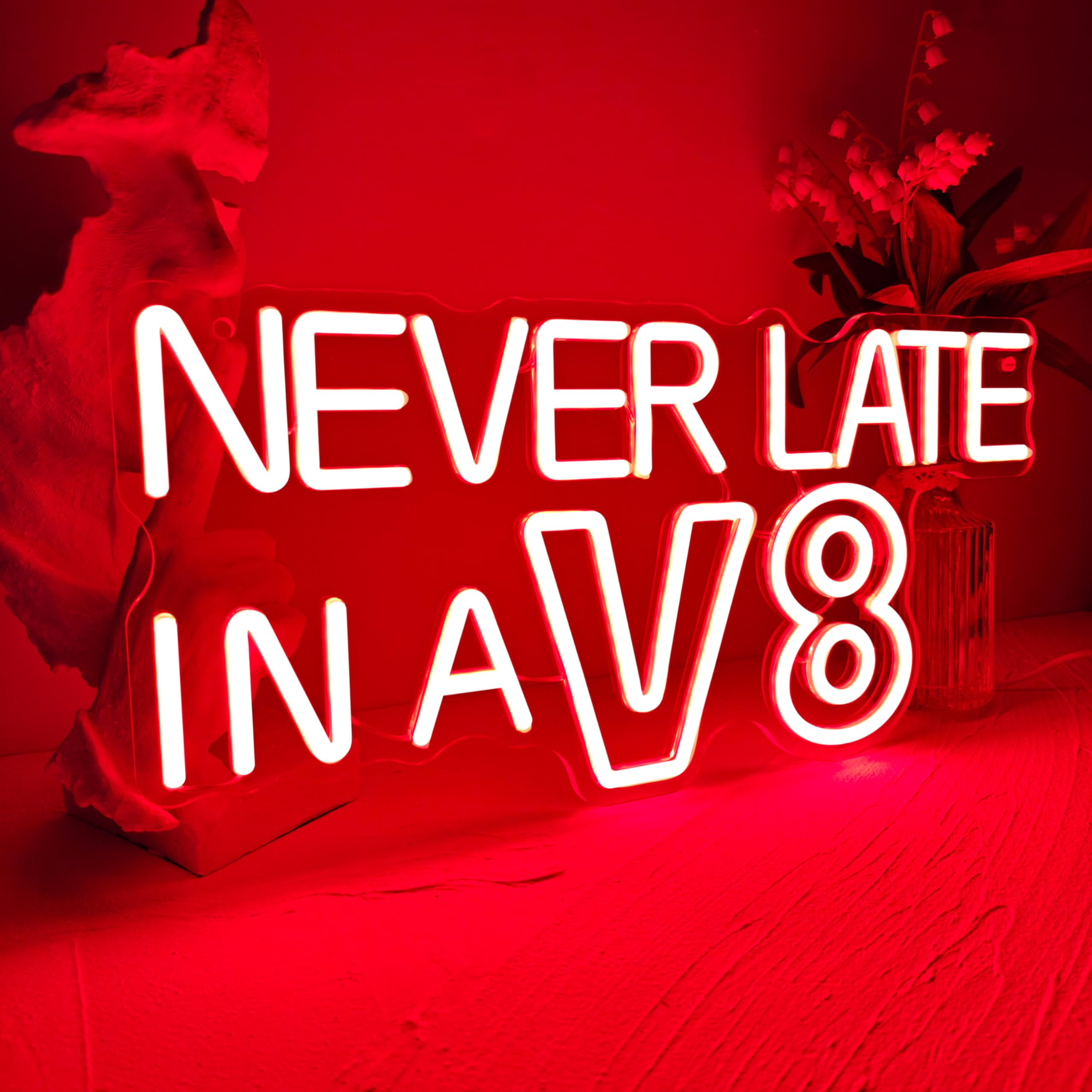 Letrero de neón Never Late in a V8, luz de neón para decoración de garaje, letrero de neón LED de cueva de hombre, luz de pared de garaje mecánico, letrero de neón regulable alimentado por USB para