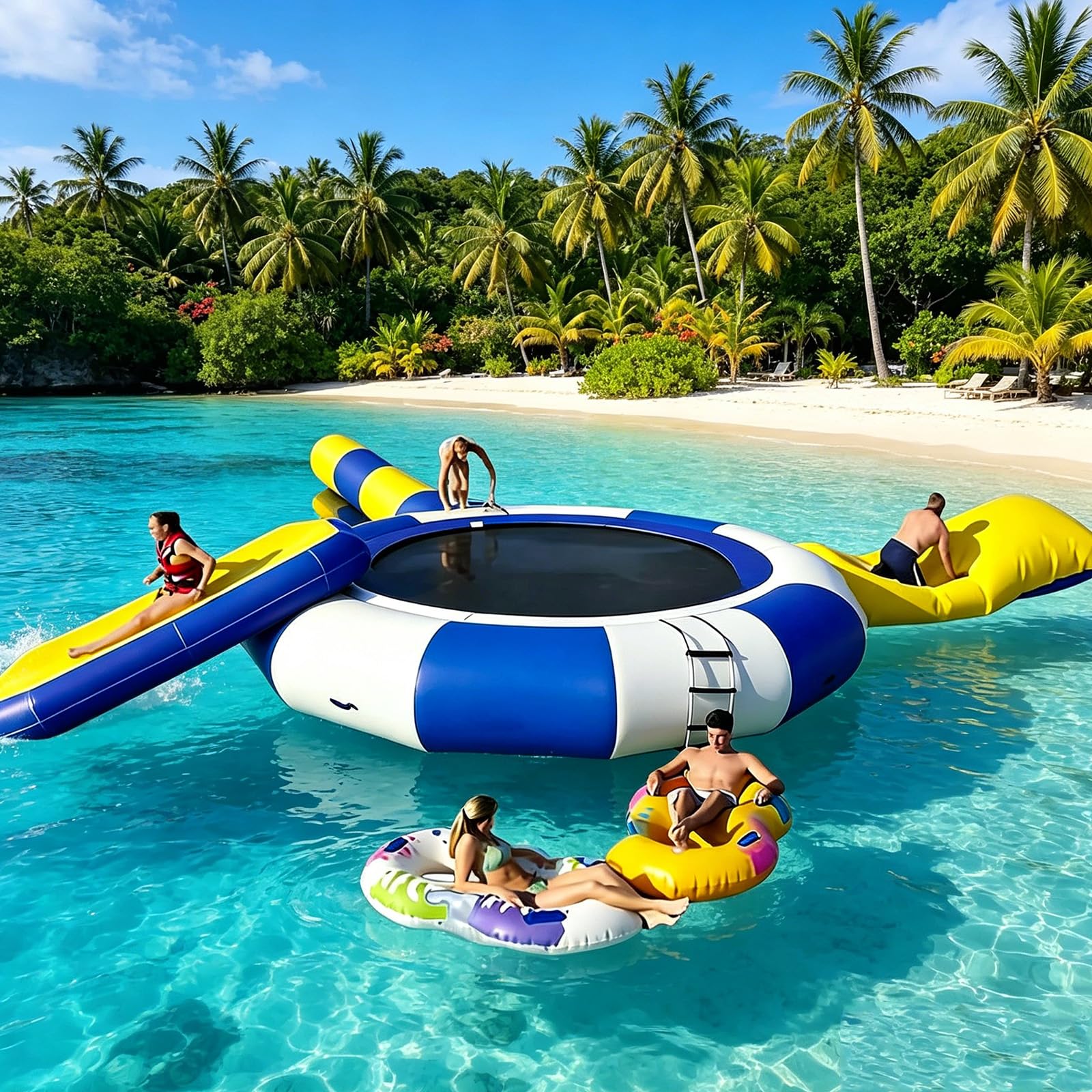 NSACMD Inflatable Water Trampoline for Lakes And Pools—Available in 10Ft, 13Ft, And 16Ft Sizes—Featuring A Slide, A Water Blob (Launch Pillow), And A Bounce Platform Design.