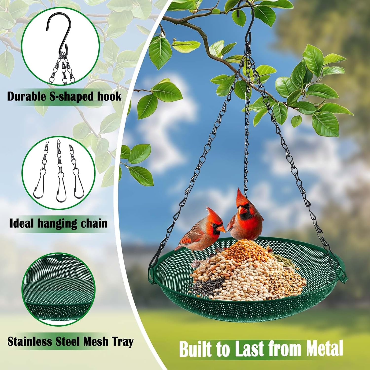 Platform Hanging Bird Feeder for Outdoors – Metal Mesh Seed Tray to Attract Wild Birds, Round 12 in, Green