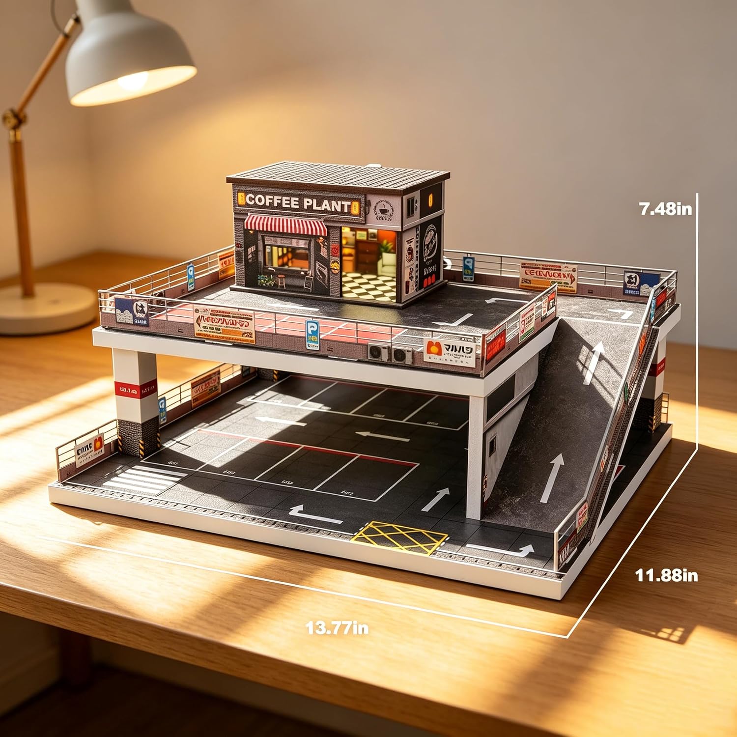 1:64 Scale Die-Cast Model Car Display Case Double-Decker Parking Garage Miniature Scene Coffee Shop Suitable for Hot Wheels, Tomica, Matchbox Storage