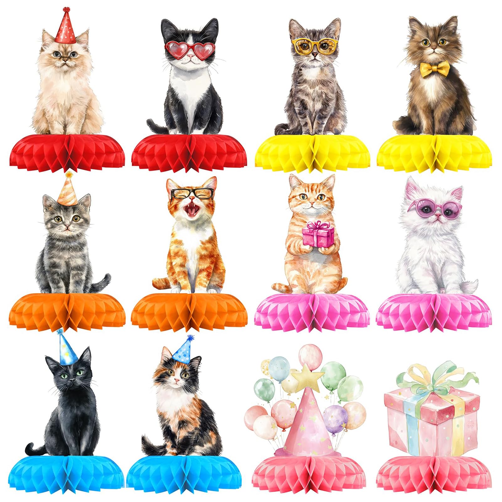 exylosluxek Cat Birthday Decorations, 12 Piece Honeycomb Table Centerpieces for Birthday Party, Cat Themed Party Supplies