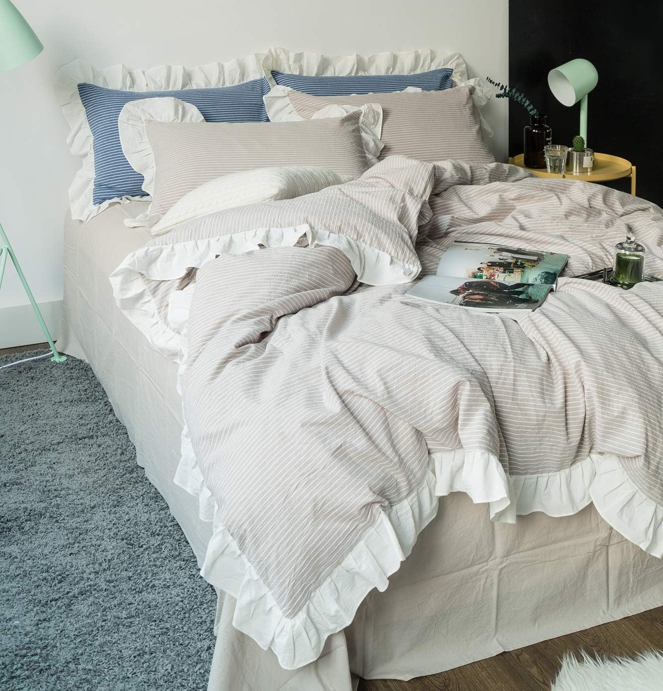 SUSYBAO Beige Farmhouse Duvet Cover Queen 100% Washed Cotton Soft Ruffle Duvet Cover Set 3 Pieces 1 Vintage Striped Duvet Cover with Zipper Ties 2 Pillowcases Luxury Rural Princess Bedding Set Durable - Image 3