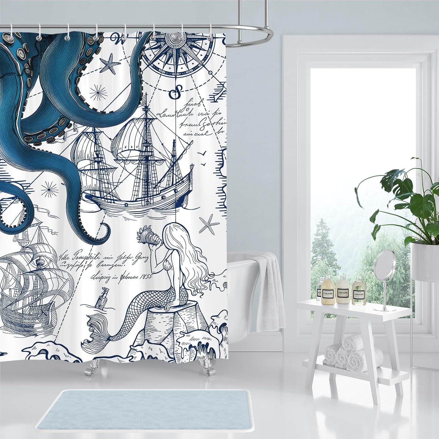 Blue Nautical Octopus Shower Curtain,Navy Blue Octopus and Mermaid Funny Ocean Kraken Waterproof and Moisture-Proof Bath Curtain Decor with 12 Hooks 78 x 72 inch