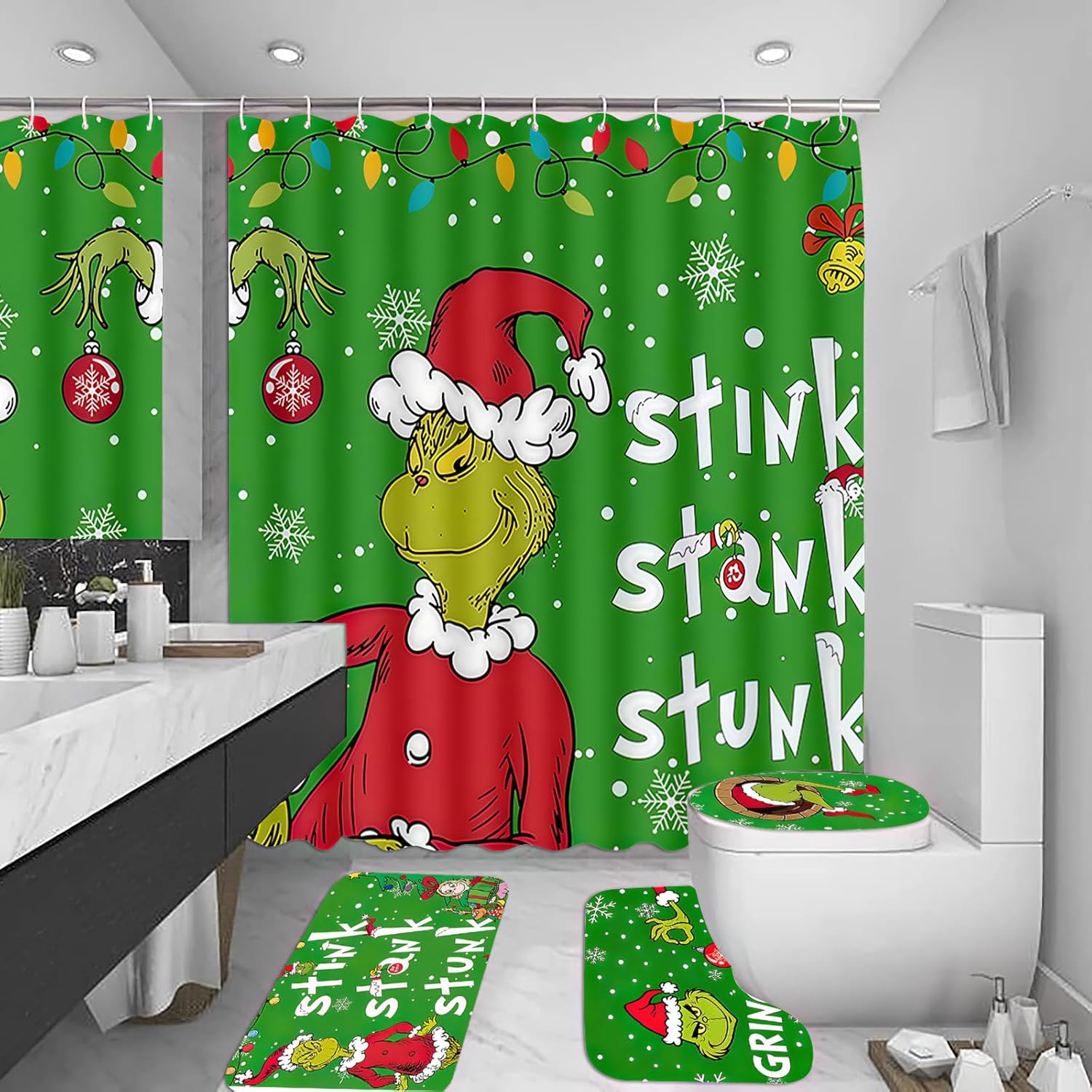 4Pcs Merry Christmas Shower Curtain Sets with Non-Slip Rugs, Toilet Lid Cover and Bath Mat, Xmas Winter Holiday Bathroom Decor with 12 Hooks 72 x 72 Inch