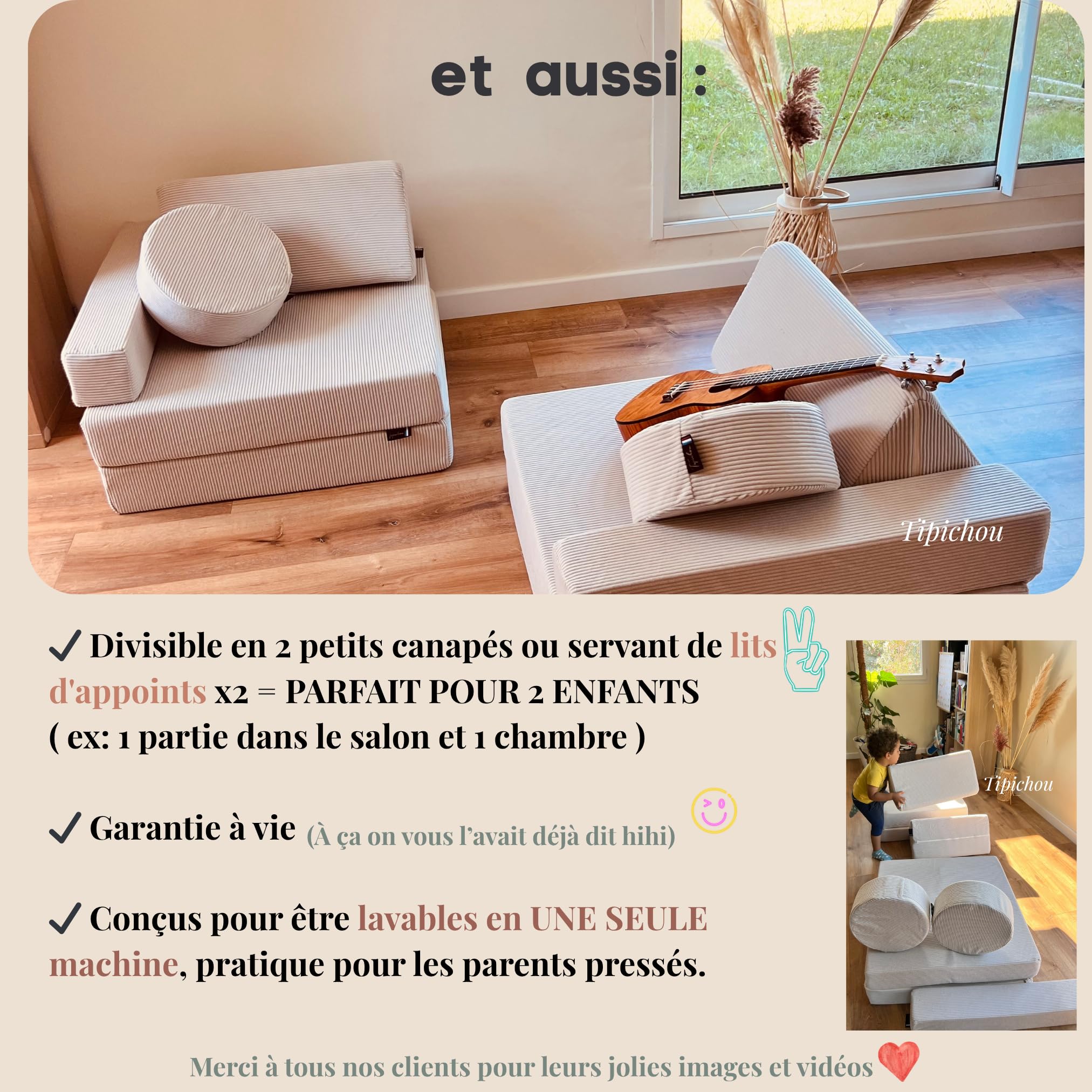 Canapé Enfant Convertible - Chauffeuse 2 Places Transformable en Lit d'Appoint, Aire de Jeu, Fauteuil, Matelas de Sol - Idéal Cadeau Enfants - Possibilités de Jeux Infinies (Blanc Crème, 2 Places)