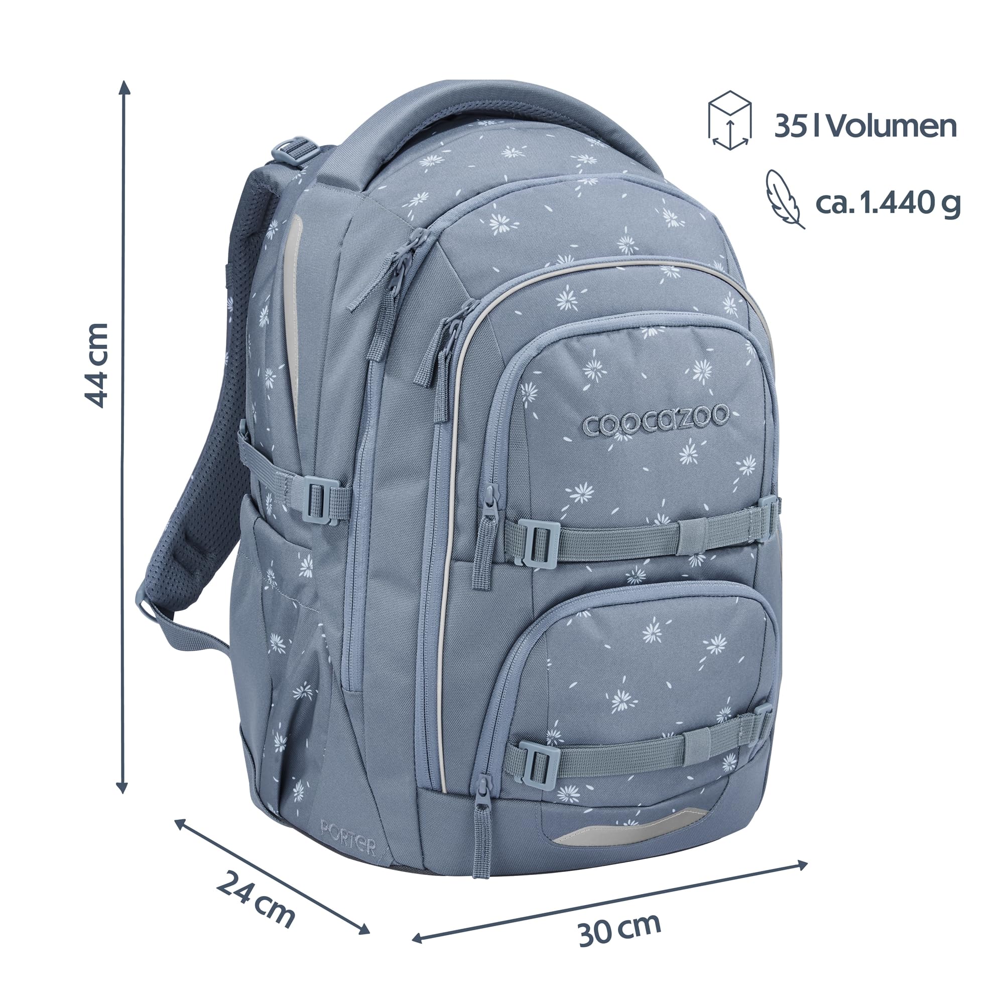 Coocazoo PORTER Schulrucksack „Bloomy Daisy”, hellgrau, ergonomischer & anpassbarer Tornister, höhen- & größenverstellbar, mit Brustgurt & Hüftgurt, ab der 3. Klasse