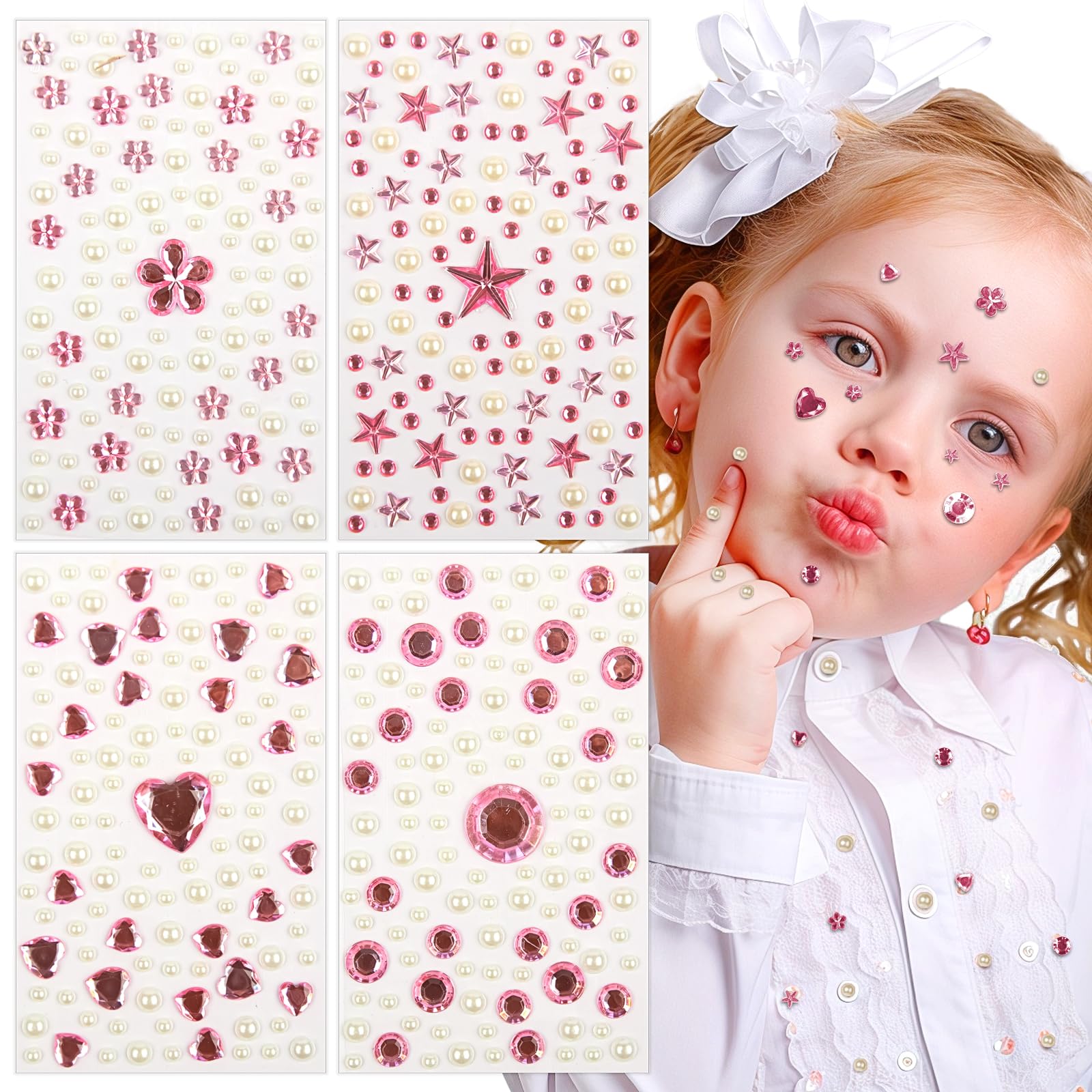 430PCS Pink Self Adhesive Face Gems and Pearls for Children Kids Girl Muti Shapes&Sizes Stick on Gems Acrylic Bling Rhinestones Jewels Stickers for