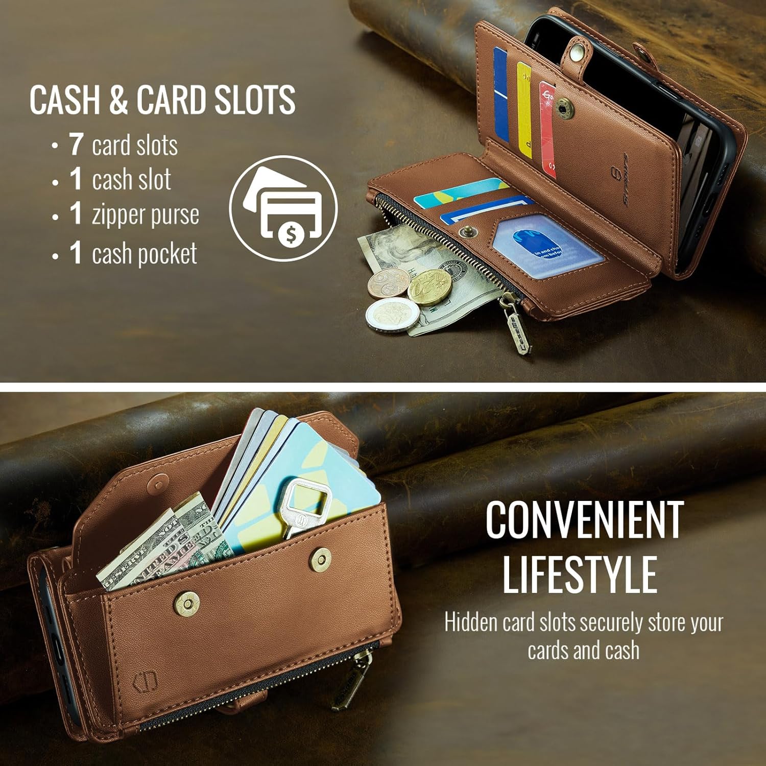 Strapurs Wallet Case Compatible with iPhone 11 RFID Blocking 7-Card Holder Soft PU Leather Magnetic Snap Shoulder Strap Zipper Pocket Phone Case Fit for iPhone 11 for Women 6.1" - Brown