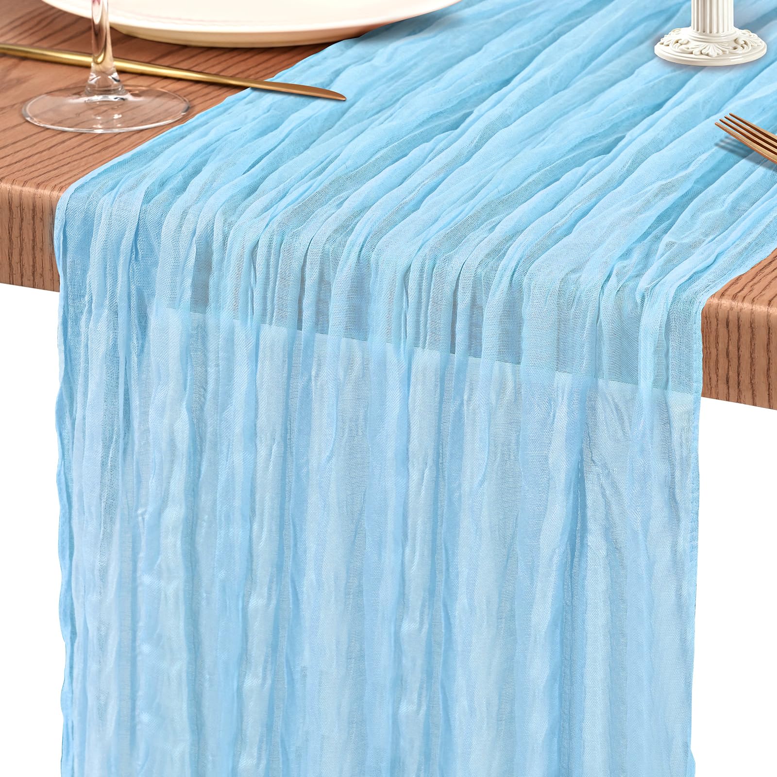 Photo 1 of 1 Pack Cheesecloth Table Runner 10FT Baby Blue Table Runner Light Blue Boho Gauze Cheese Cloth Table Runners Long Rustic Sheer Table Decorations for Wedding Party Baby Bridal Shower Birthday Holiday