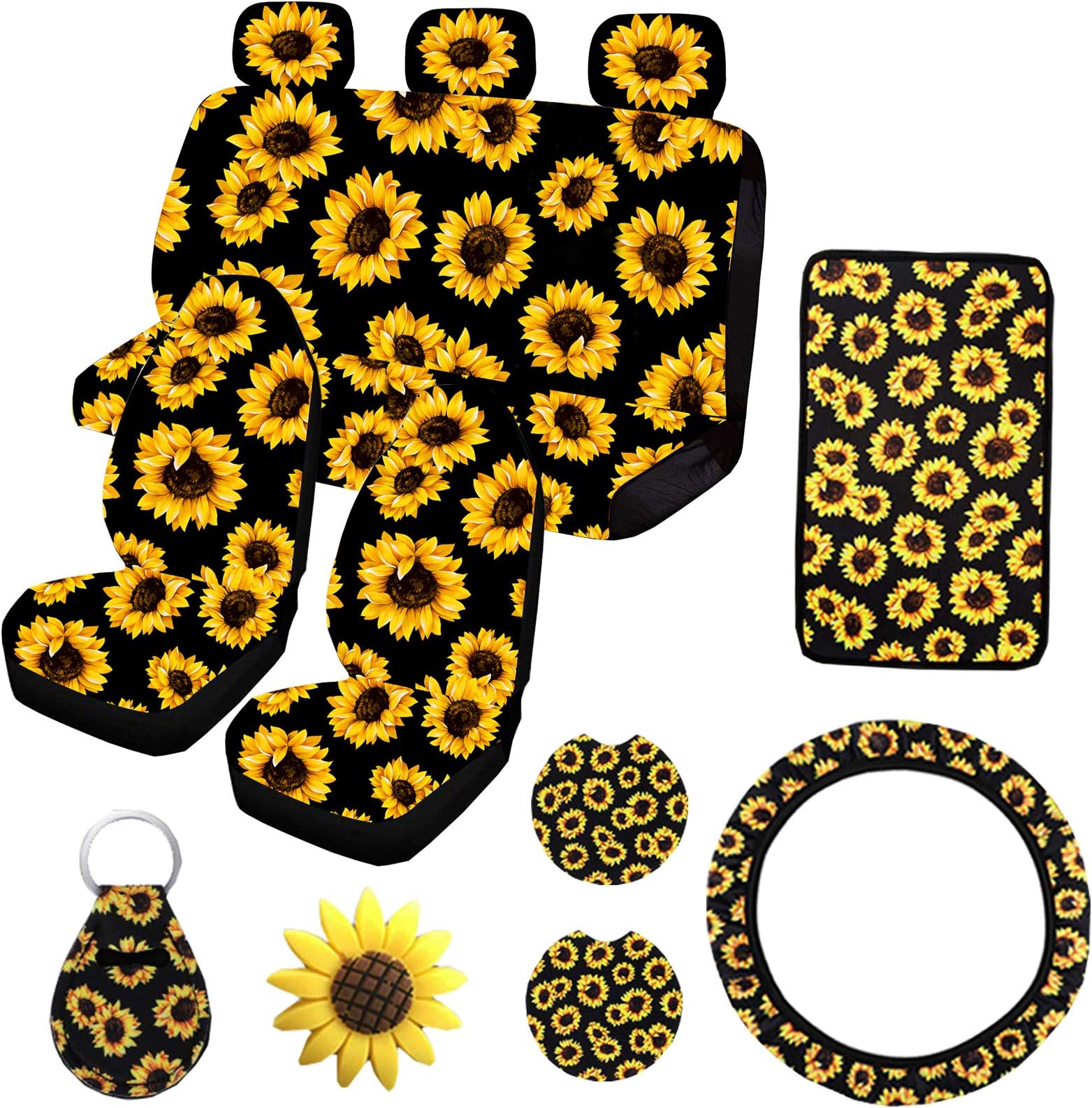 12-Piece Sunflower Car Accessories Set | Front/Rear Seat Covers, Steering Wheel Cover, Armrest Pad & More | Gift For Women