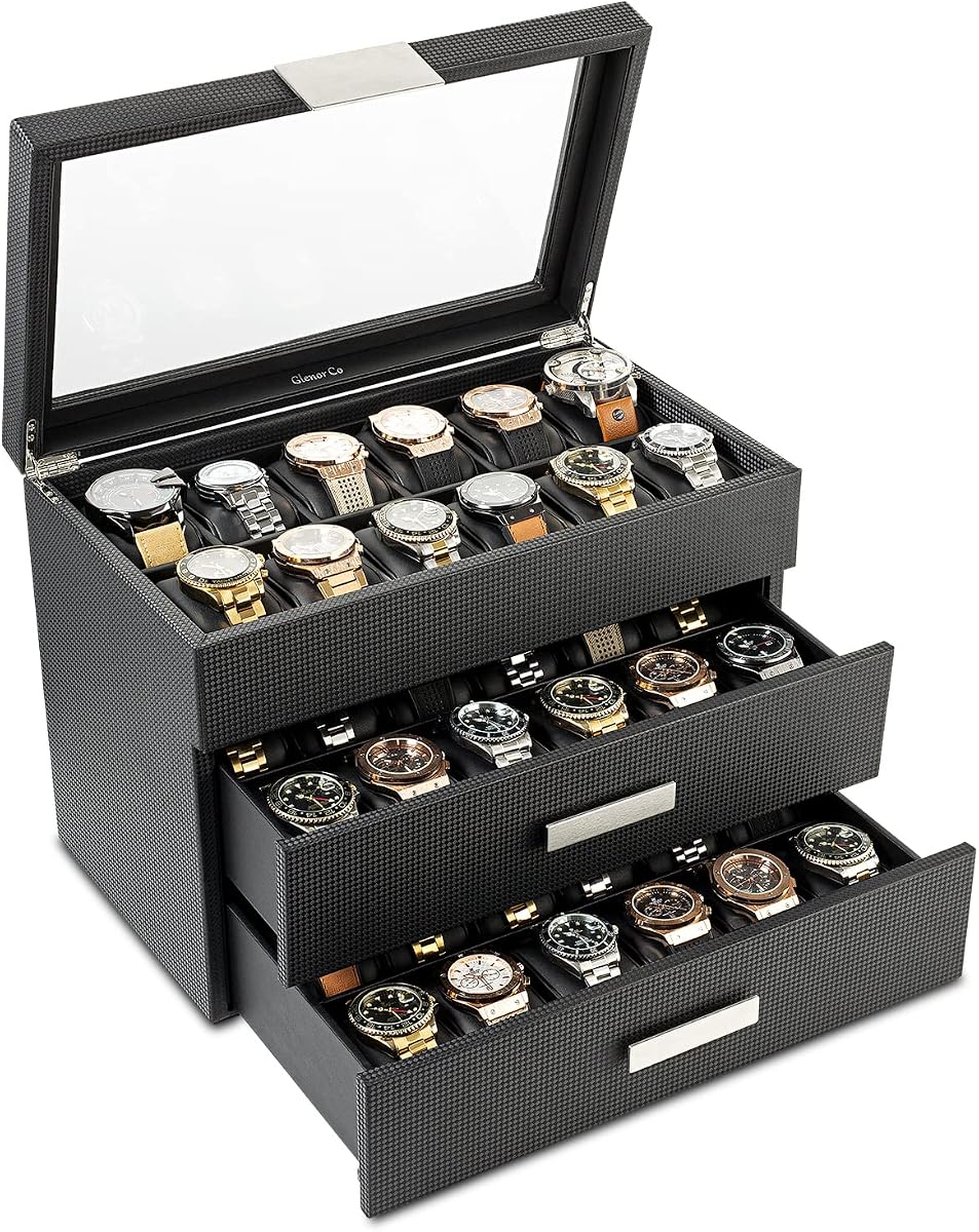 Glenor Co Caja de reloj para hombre con 36 ranuras - Caja de reloj para hombre con tapa de vidrio grande, caja de reloj para hombre con diseño de fibra de carbono de lujo - Soporte para hombre con detalles de metal, cajón para vitrina de reloj y almohadas de cuero - Negro