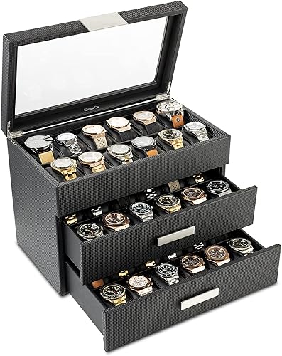 Miniatura 7 de Caja para relojes para hombre - caja de exhibición de fibra de carbono de lujo con 12 ranuras caja grande hebilla de metal - negro
