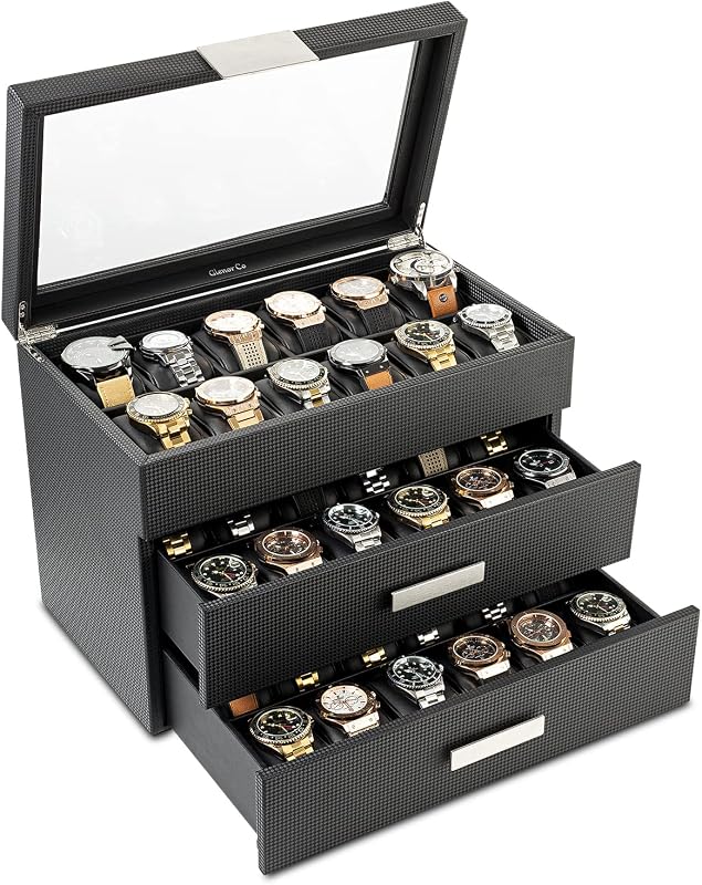 Glenor Co Caja de reloj para hombre con 36 ranuras - Caja de reloj para hombre con tapa de vidrio grande, caja de reloj para hombre con diseño de fibra de carbono de lujo - Soporte para hombre con detalles de metal, cajón para vitrina de reloj y almohadas de cuero - Negro